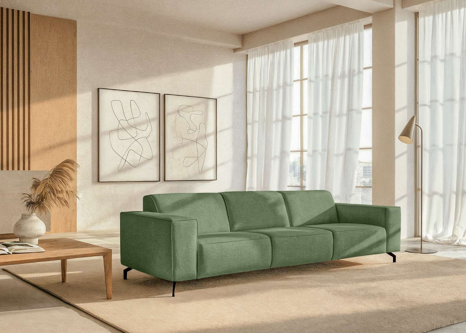 Home affaire 3-Sitzer »Lorcan 257 cm, weiches Sitzgefühl« mit schwarzen Metallfüssen, Lederoptik und in weichem Strukturstoff