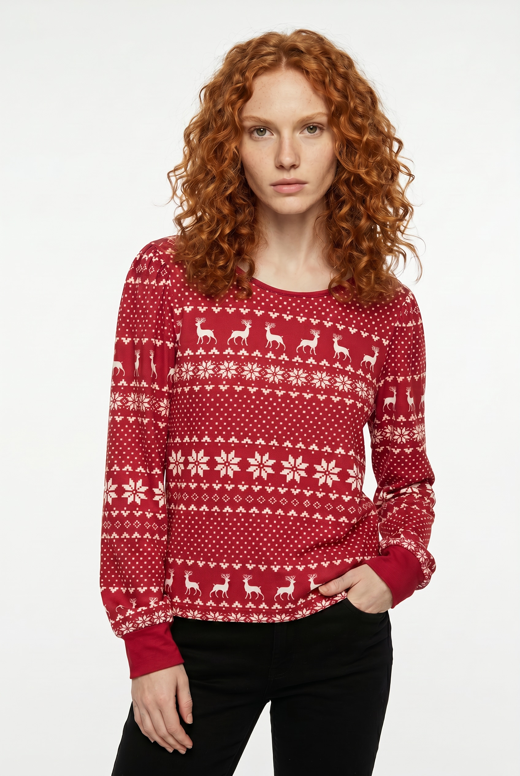 Image of Vero Moda Langarmshirt "VMCHRIS LS O-NECK TOP JRS XMAS" mit Stretch, weihnachtlicher Allover Druck