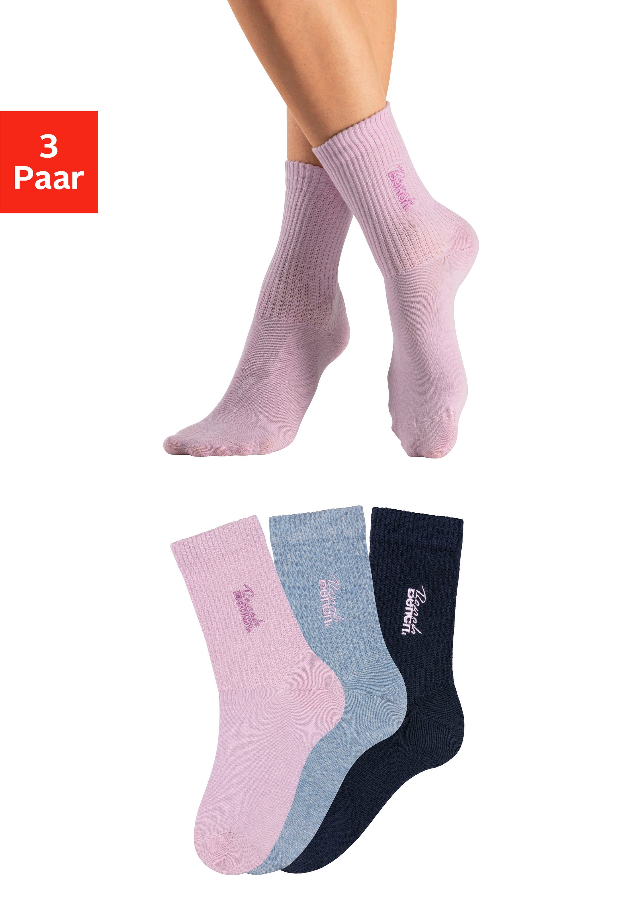 Image of Bench. Basicsocken "Damensocken hochgeripptes Bündchen" Packung, 3 Stk. tlg. mit Bench Logo Stickerei