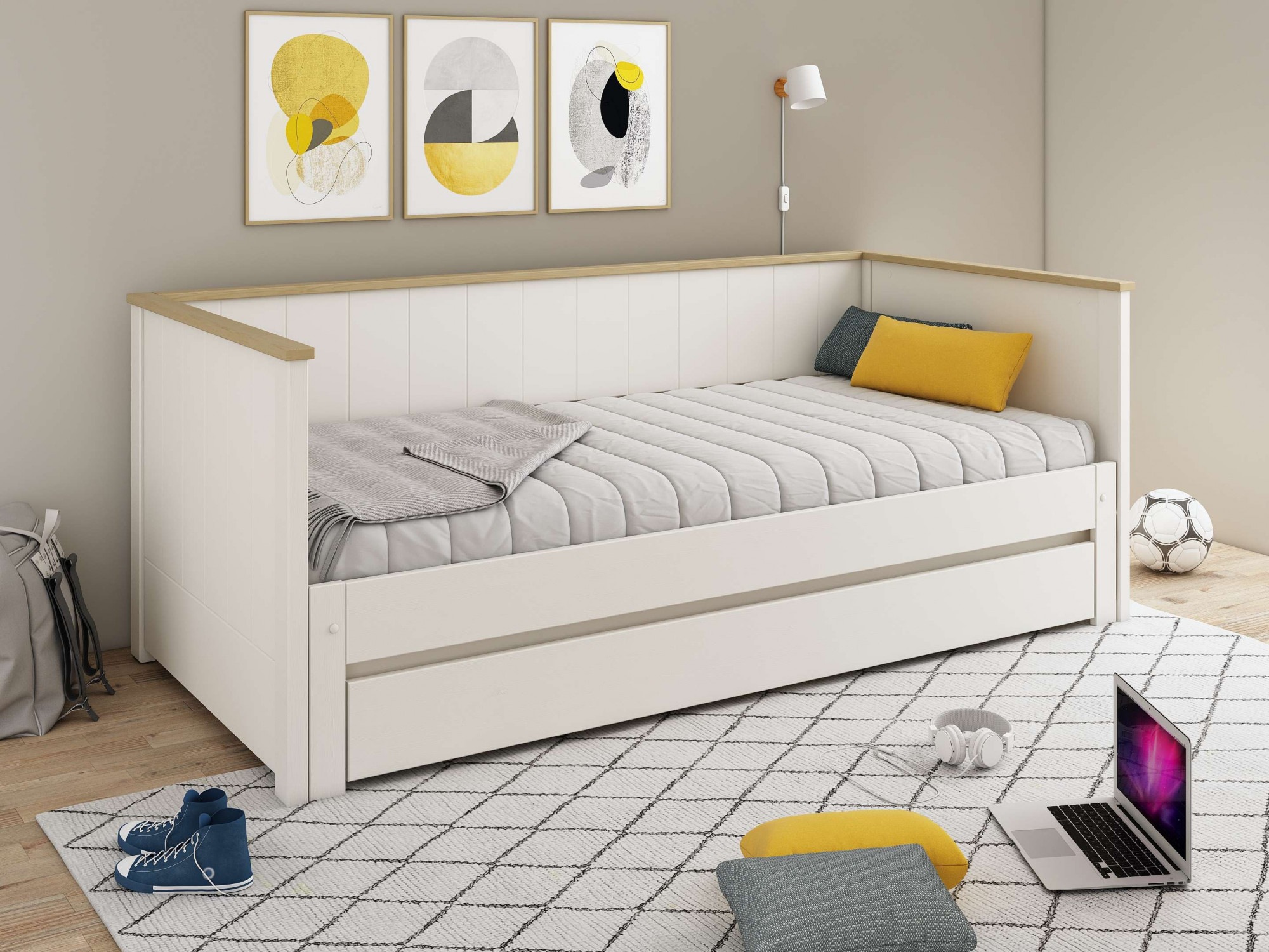 Image of GOODproduct Daybett ""REIGNY ", Kinderbett, Gästebett, zwei Schlafplätze" 2. Schlafplatz ausziehbar, Massivholz, Lammellen - Design, Landhausstil, Schublade optional