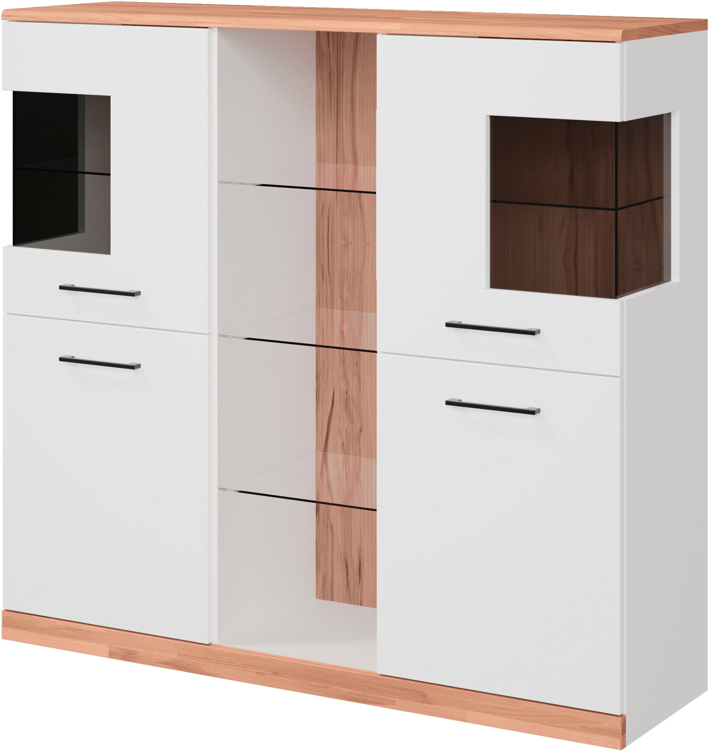 OTTO home Highboard "Ribe,120cm breit,112cm hoch,Oberplatte massiv,12 Fächer" Oberplatte Massivholz,schwarze Metall Griffe,2 Türen mit Glaseinsatz