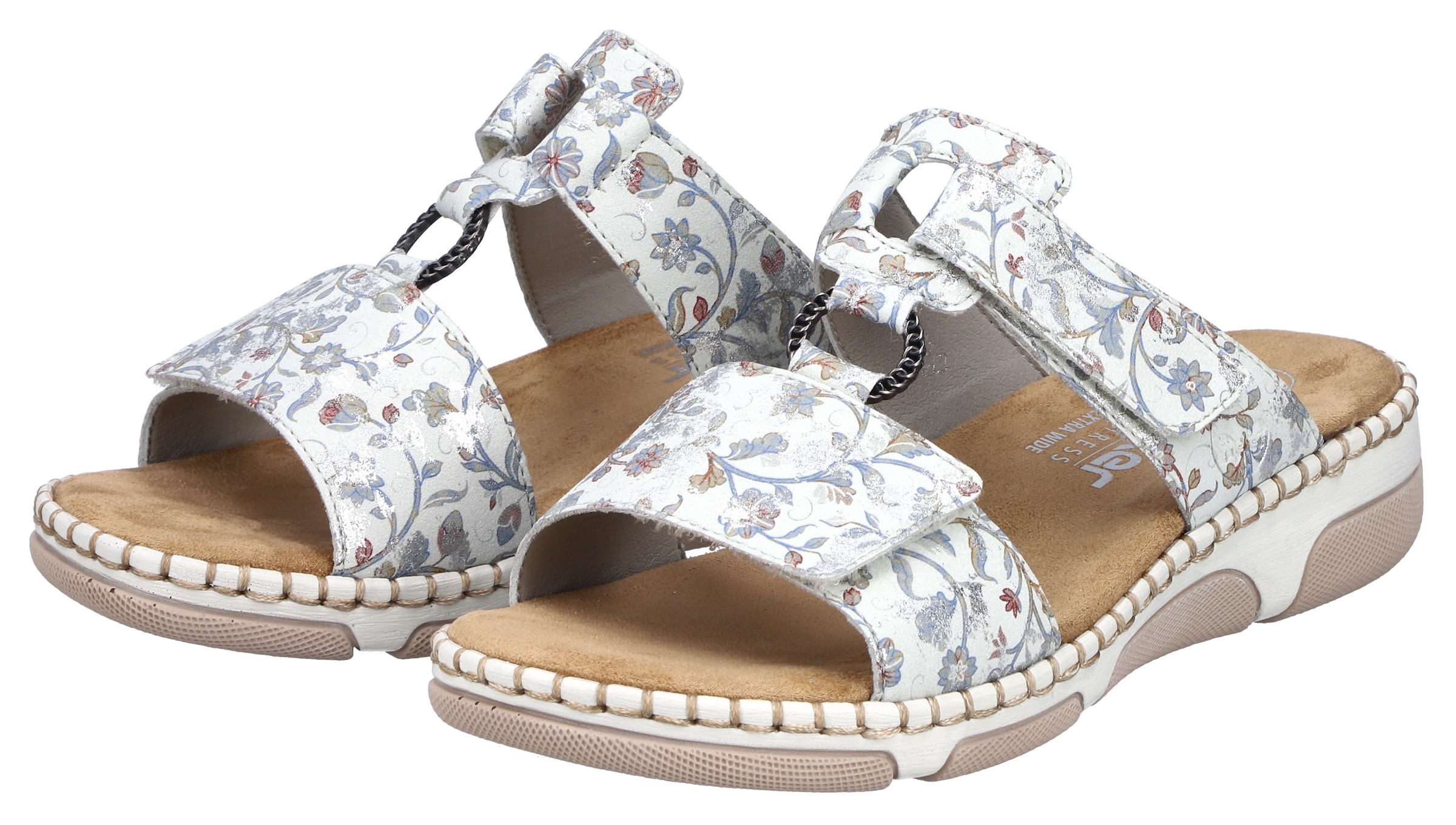 Image of Rieker Pantolette Sommerschuh, Urlaubsschuh, Strandschuh mit floralem Muster