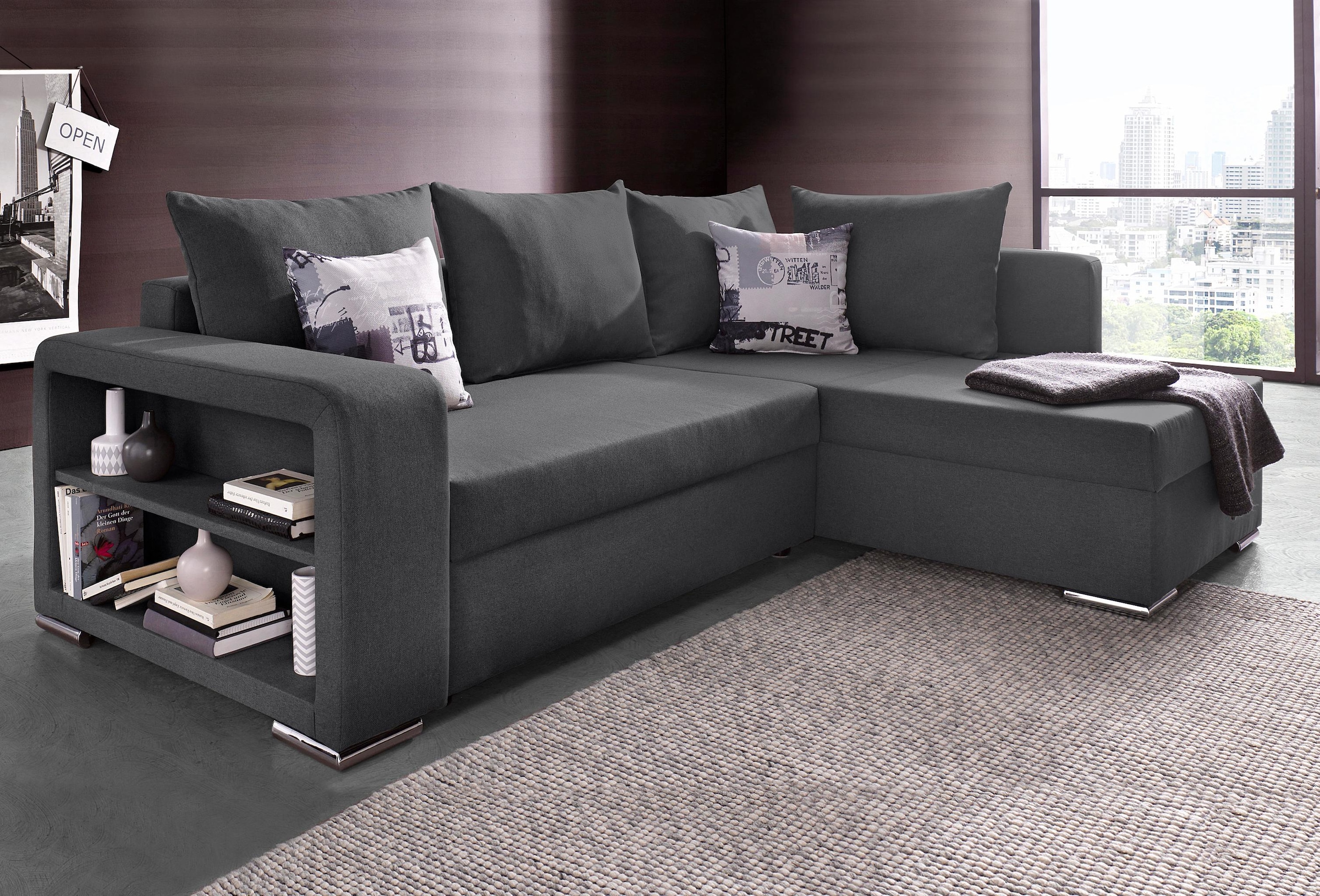 COLLECTION AB Ecksofa »John L-Form«, mit Bettfunktion, Bettkasten und integriertem Regal