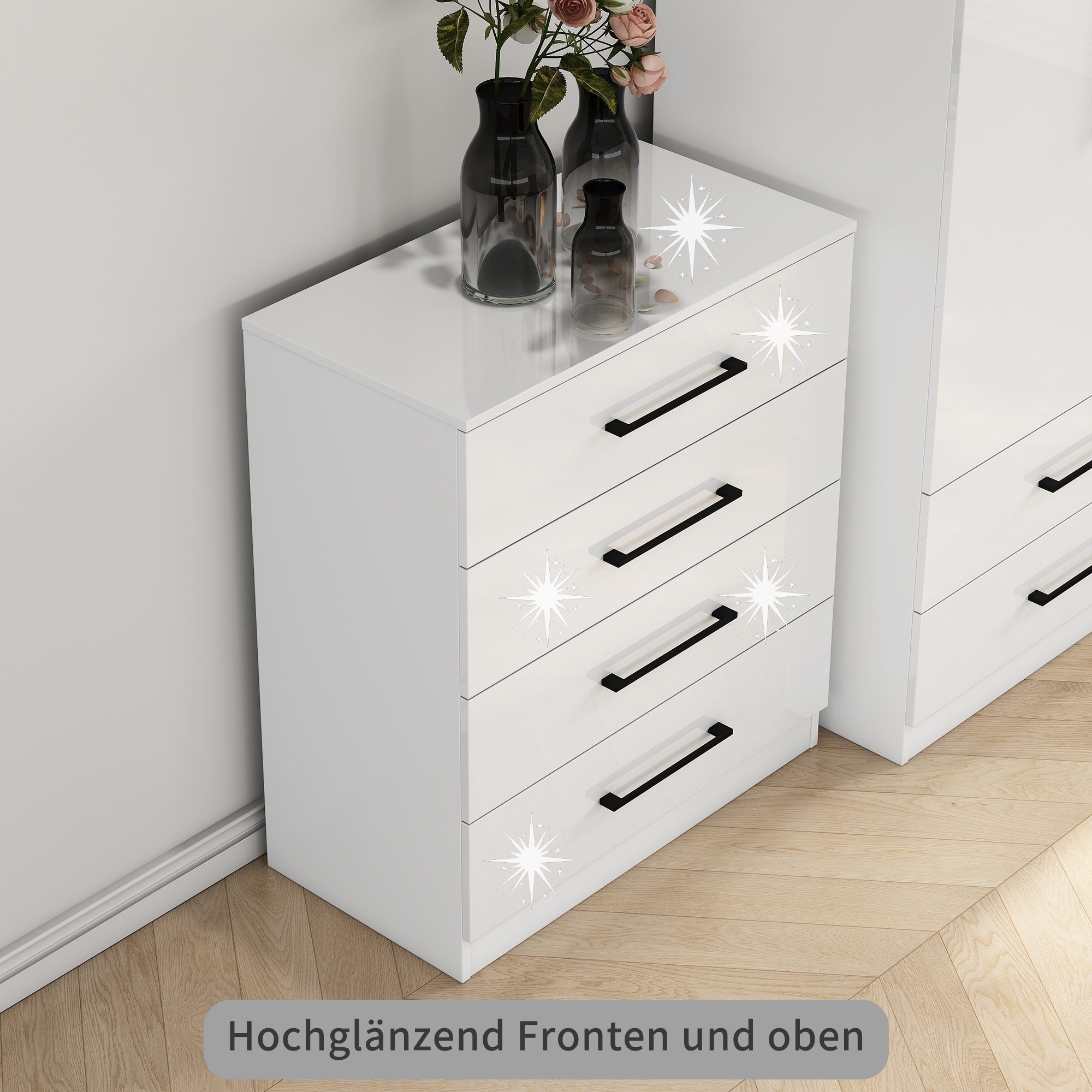 GOODproduct Commode à tiroirs »Sylt Schlafzimmerkommode Kommode Wäscheschrank Bestseller« Viel Stauraum im Schlafzimmer mit hochglänzenden Fronten, 1 cuis tlg. Beistellschrank mit 4 Schubladen
