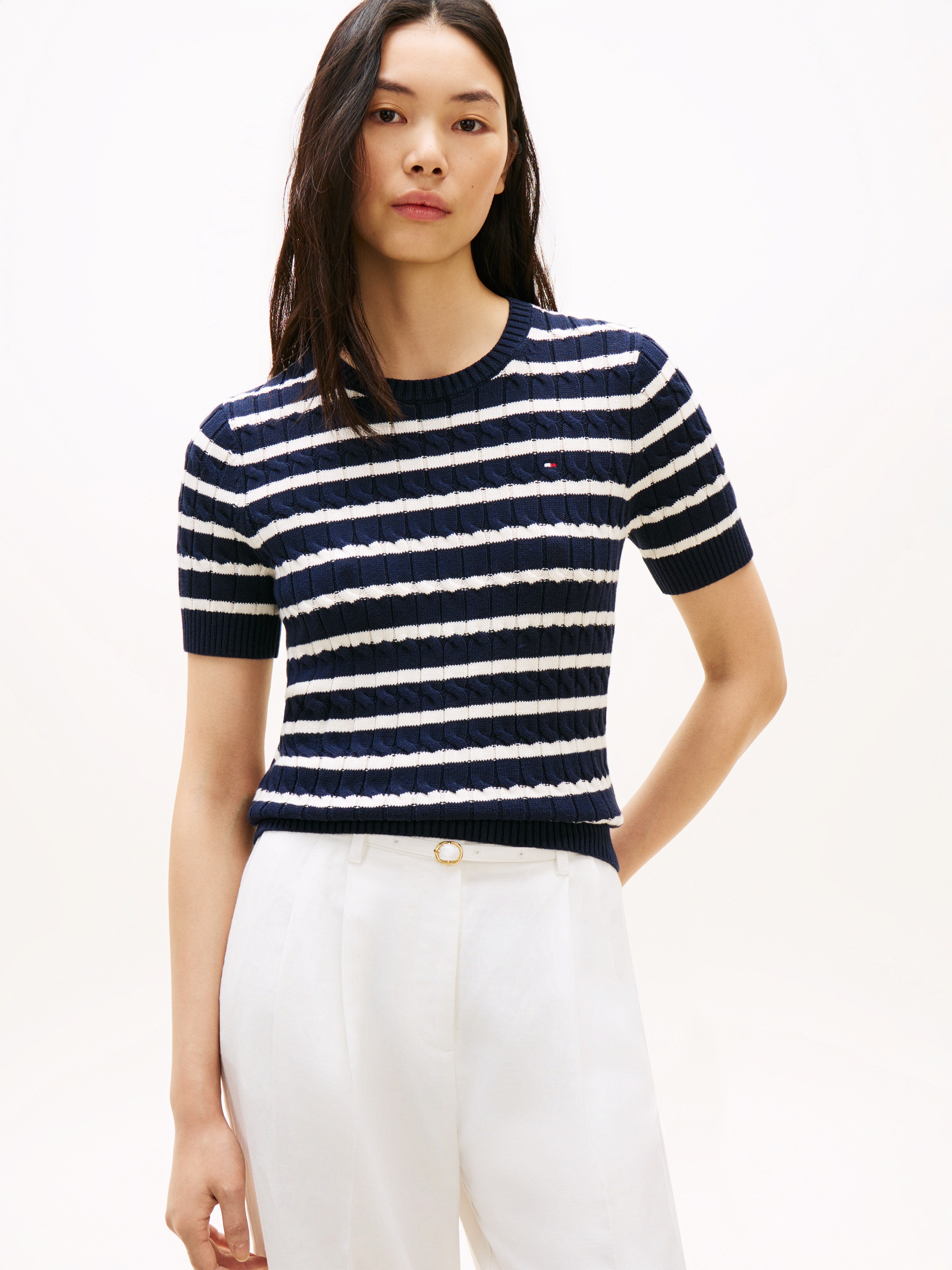 Image of Tommy Hilfiger Kurzarmpullover "CO CABLE MID GG SS C-NK SWT" Baumwolle, mit Zopfmuster