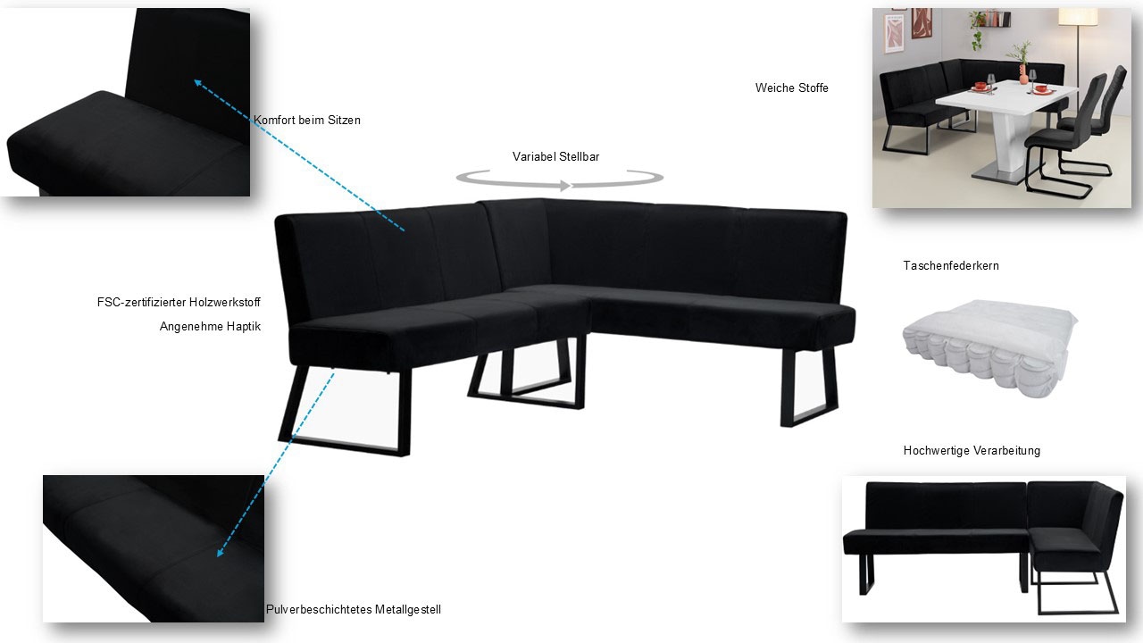 GOODproduct Eckbank »Gladiole,« Sitzbank, Esszimmerbank, Bank,  mit Taschenfederkern, schwarzes Metallgestell, Breite 190 cm