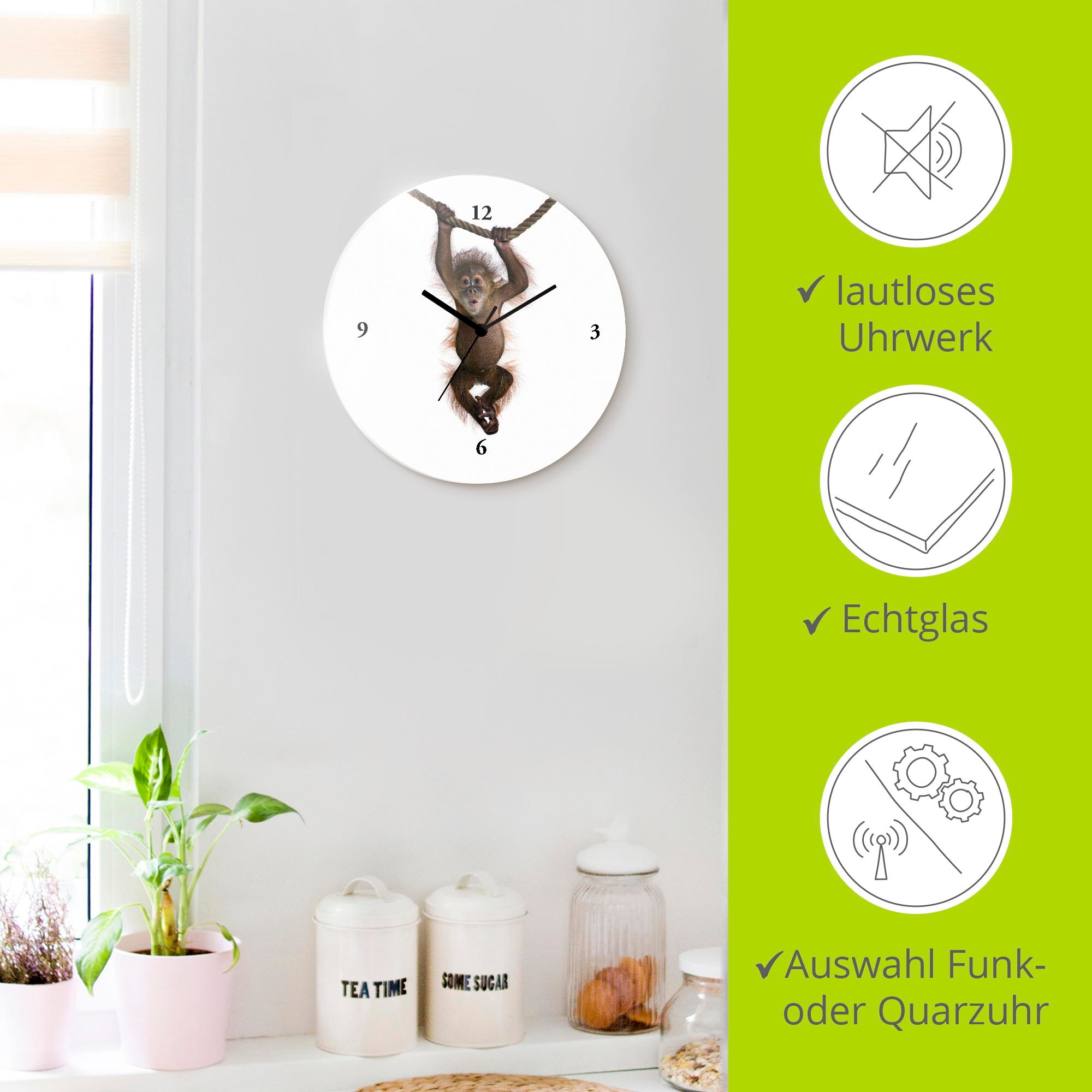Artland Wanduhr »Baby Sumatra Orang Utan hängt an Seil« wahlweise mit  Quarz- oder Funkuhrwerk, lautlos ohne Tickgeräusche