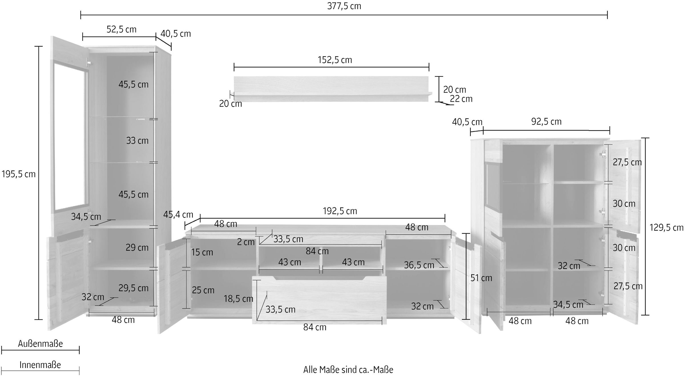 MCA living Meuble mural »Araya Wohnkombination II« Komplett-Set, optional: Glaskantenbeleuchtung, 4 cuis tlg.