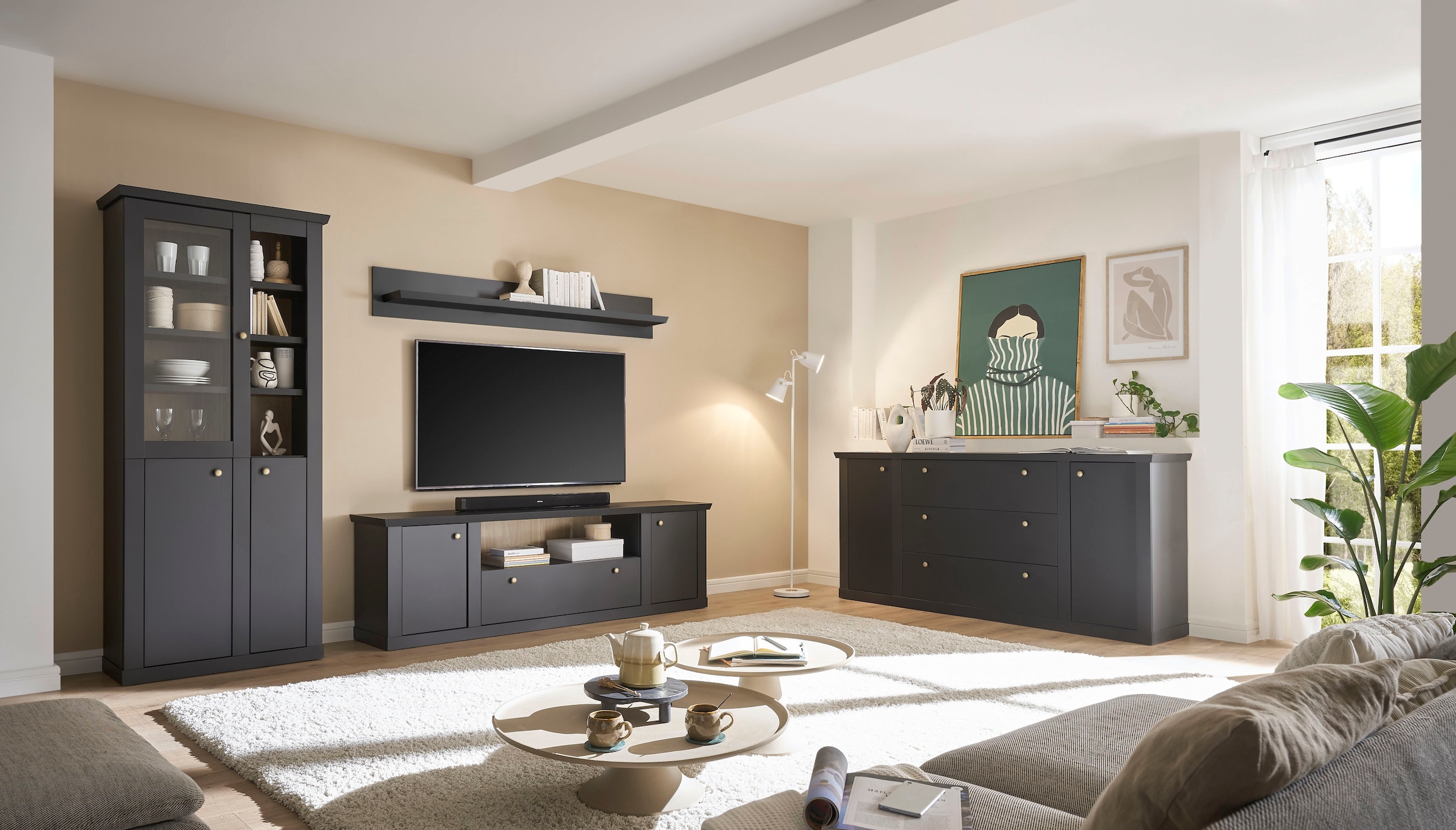 Home affaire Sideboard »Lincoln, moderner Schrank, schwarze Kommode, 205 cm breit« edles Design, messingfarbene Knopfgriffe, in 2 Grössen verfügbar