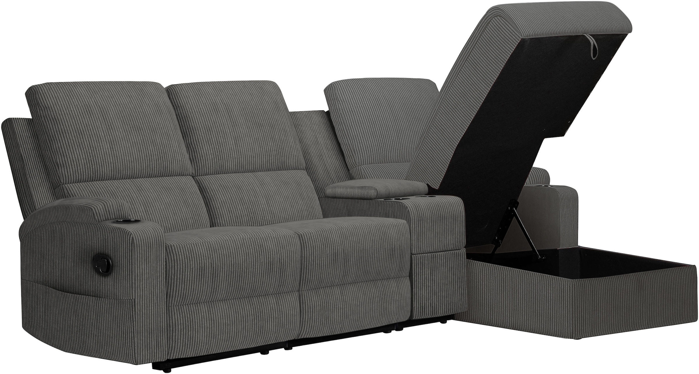 GOODproduct Canapé d'angle »NAPORI Multimediasofa, 3er Kinosessel XXL, L-Form, Cord« Kinosofa mit Relaxfunktion, Getränkehalter, Staufach und Staukasten
