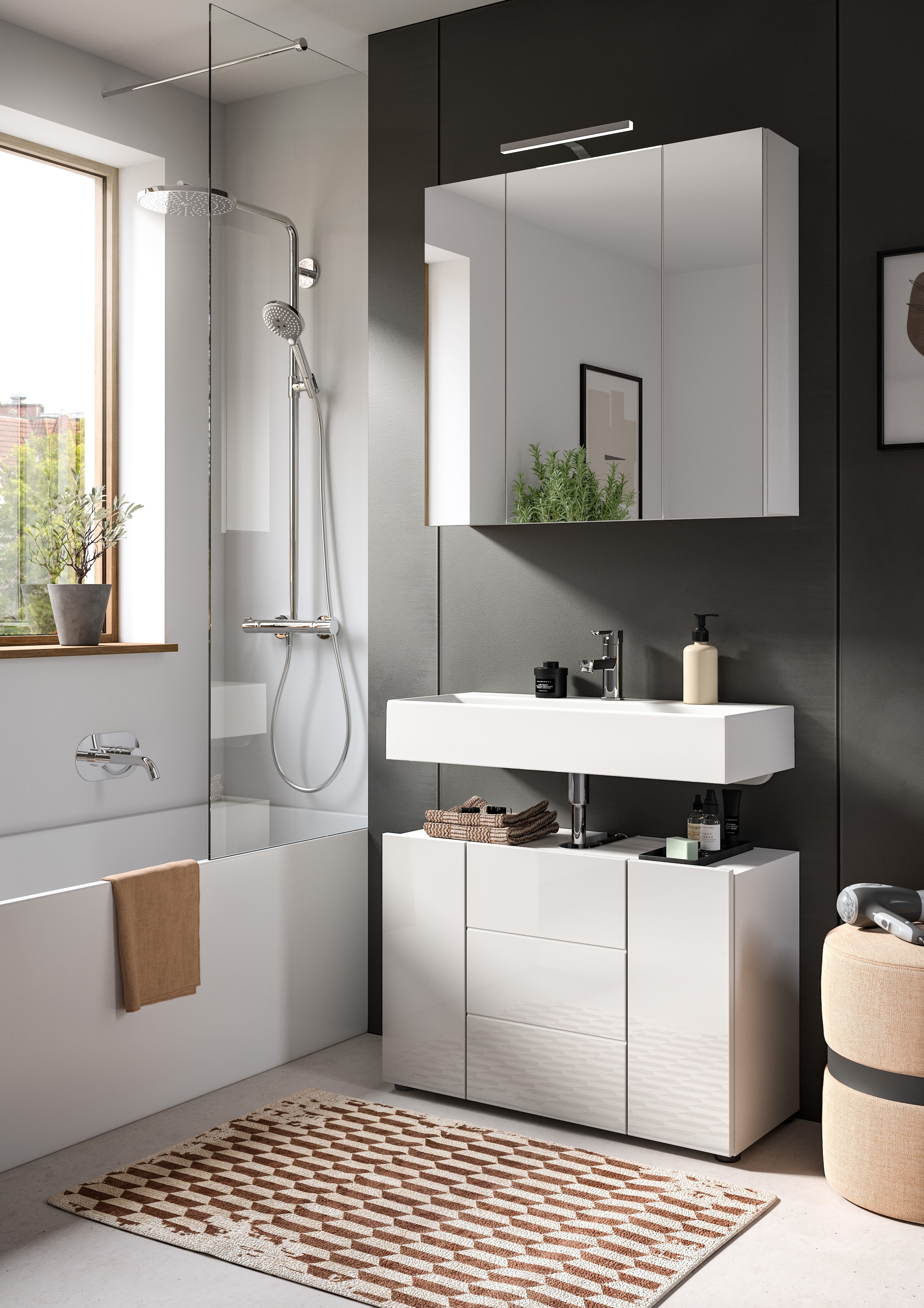 welltime Badmöbel-Set »BIEL, TOPSELLER!, 2 teilig, hochwertige MDF Front, Rillenoptik« 2 teiliges Set, bestehend aus: Waschbeckenunterschrank, Spiegelschrank, 2 Stk. tlg.