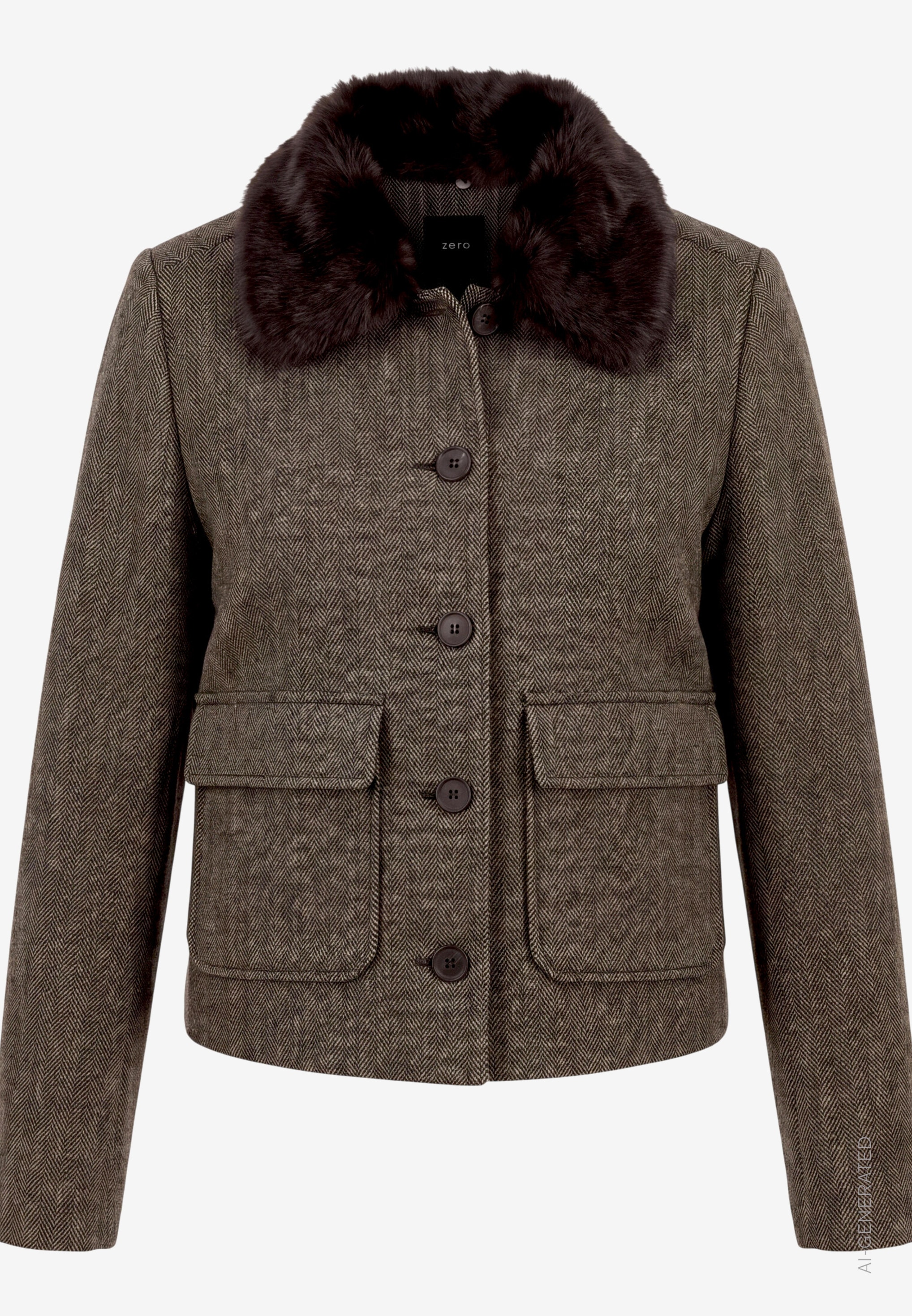 Zero Blazer court Übergangsjacke mit Kunstfellkragen / Fischgratmuster