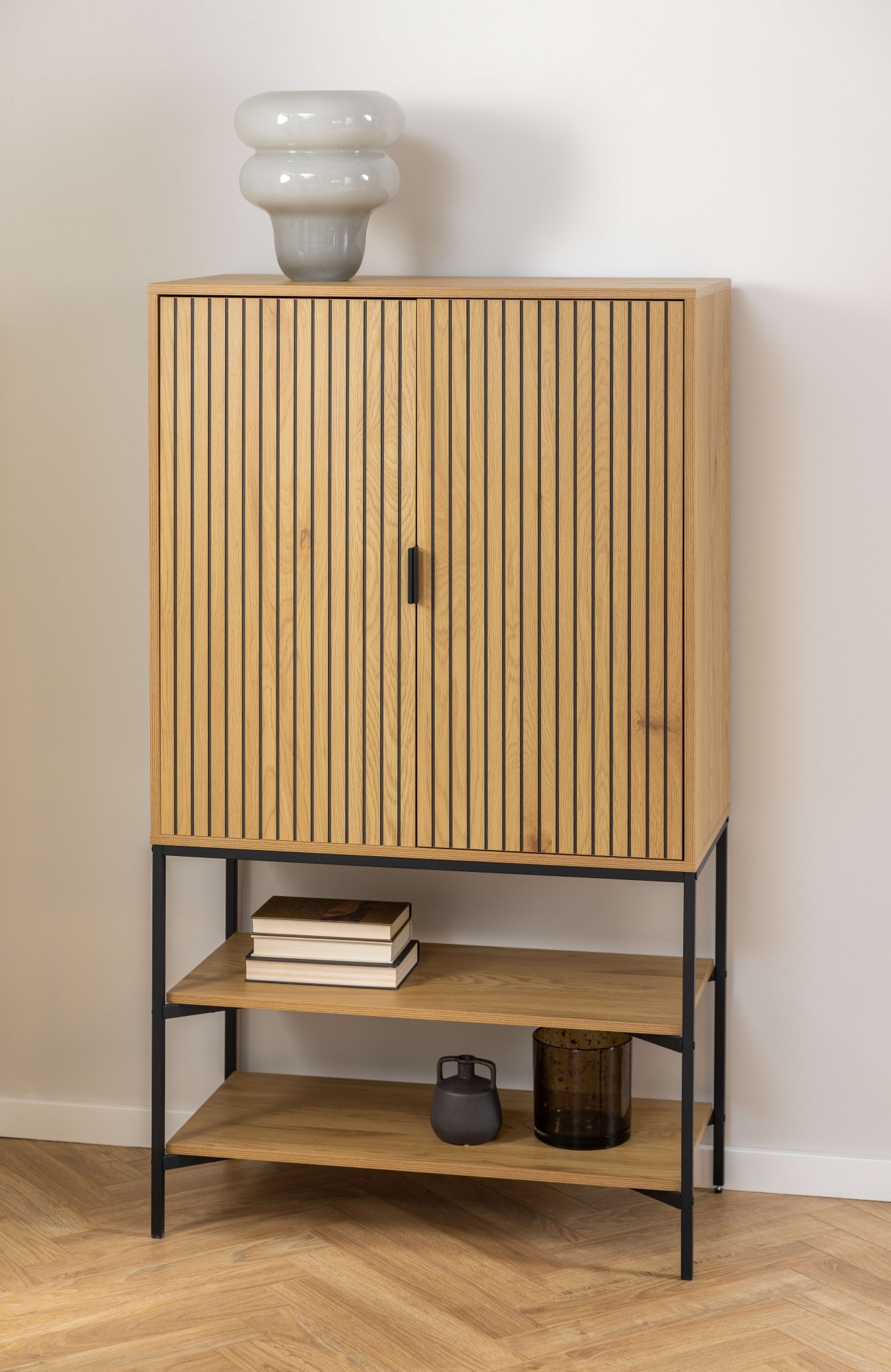 Image of ACTONA GROUP Stauraumschrank "Jaipur Sideboard, Regal," Wildeiche-Optik, 2 Türen und 2 Einlegeböden, Lamellenfront