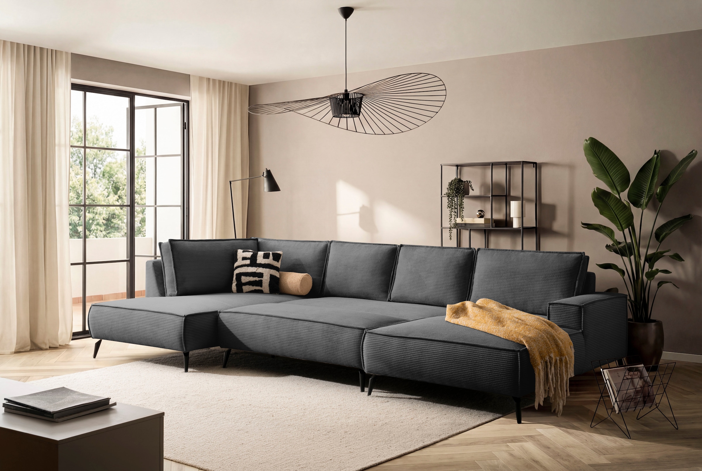 Home affaire Wohnlandschaft »mit Hocker, TVINNU, moderne U-Form in Cord oder Leinenoptik« Recamiere rechts/links, stellbar zum Schlafsofa (Krokodilverbinder)