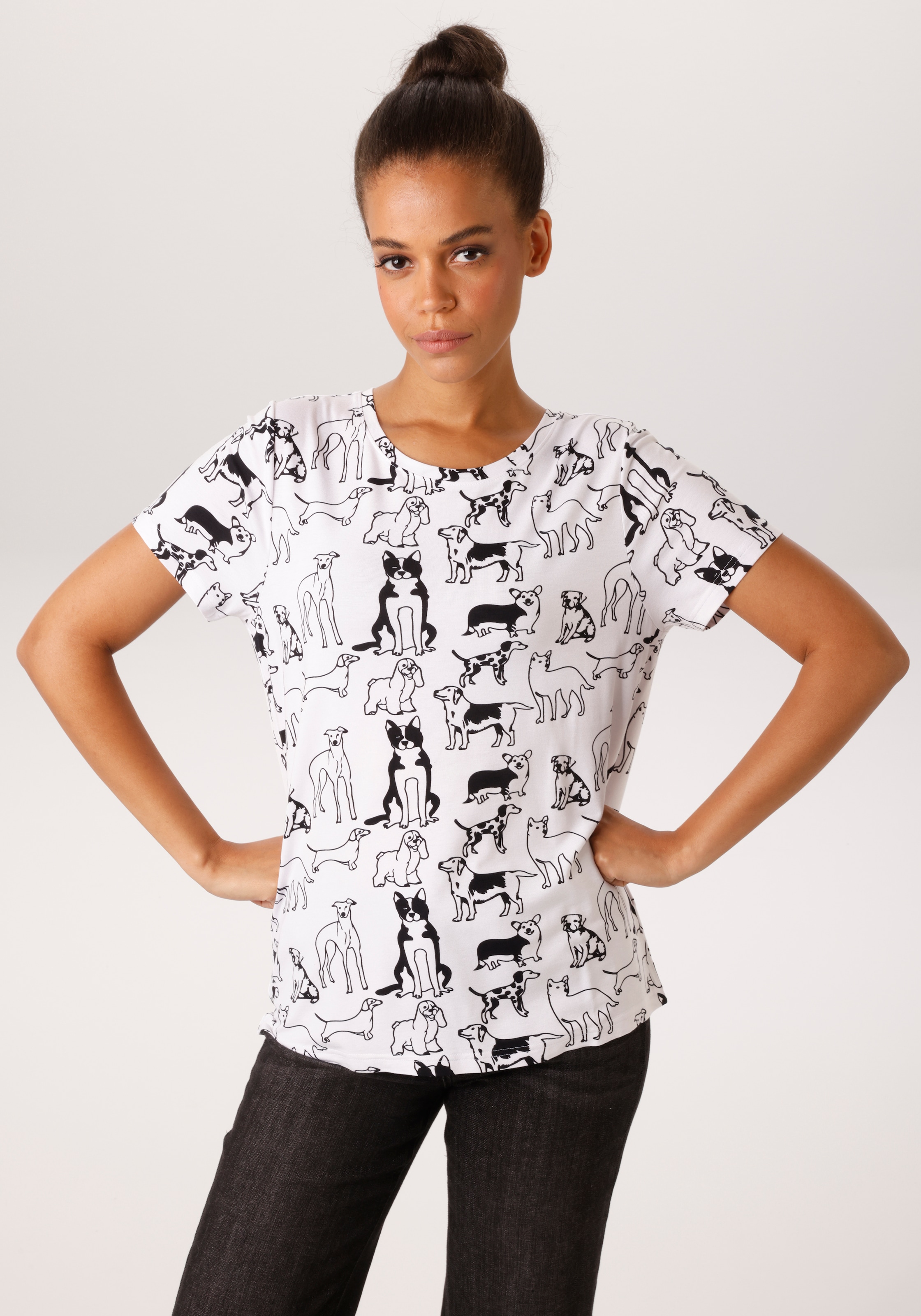 Image of Aniston CASUAL T-Shirt allover mit niedlichen Hunden bedruckt