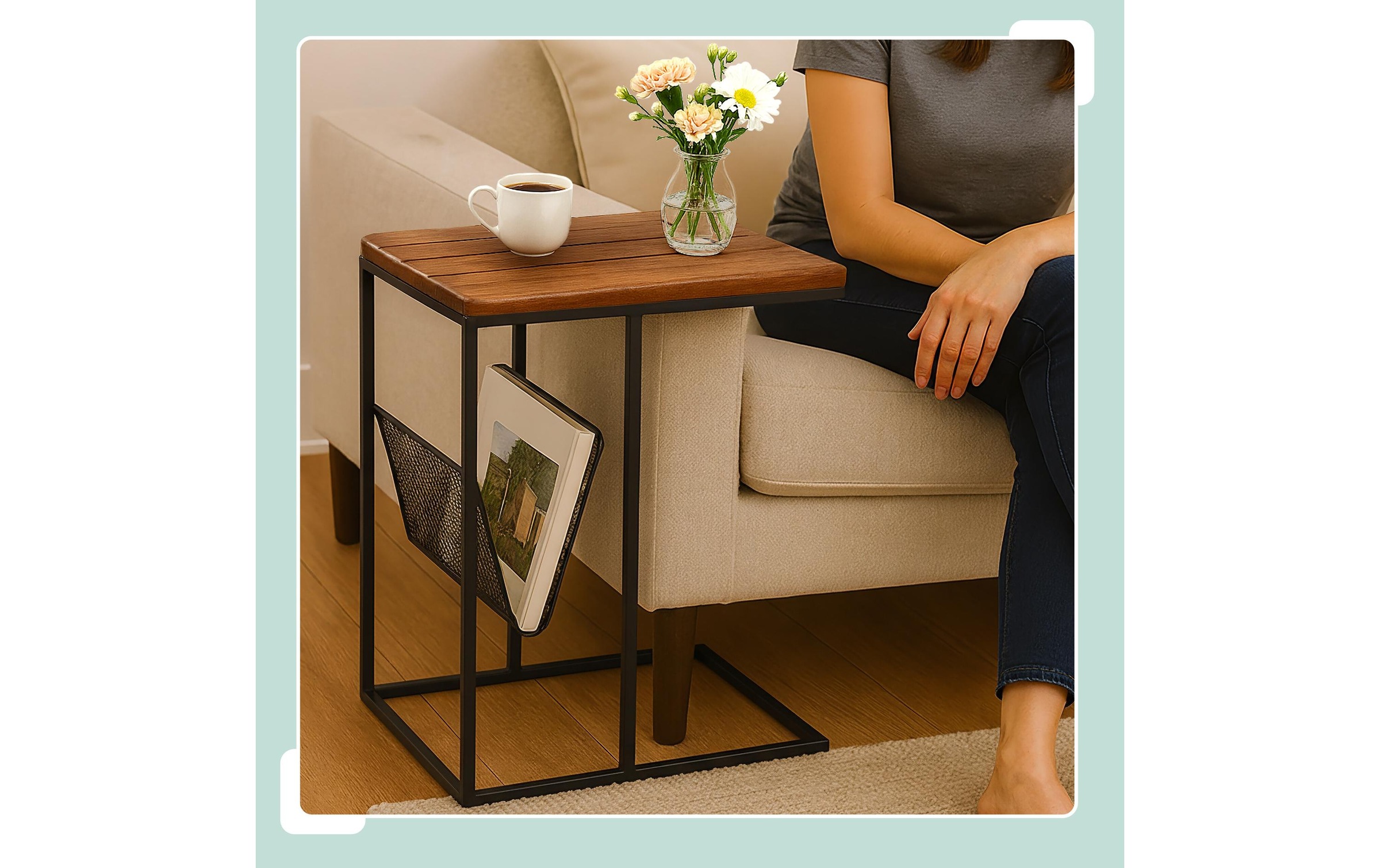 relaxdays Beistelltisch »in C-Form 63 x 30 cm« Couchtisch mit Zeitungsablage aus Mango Holz