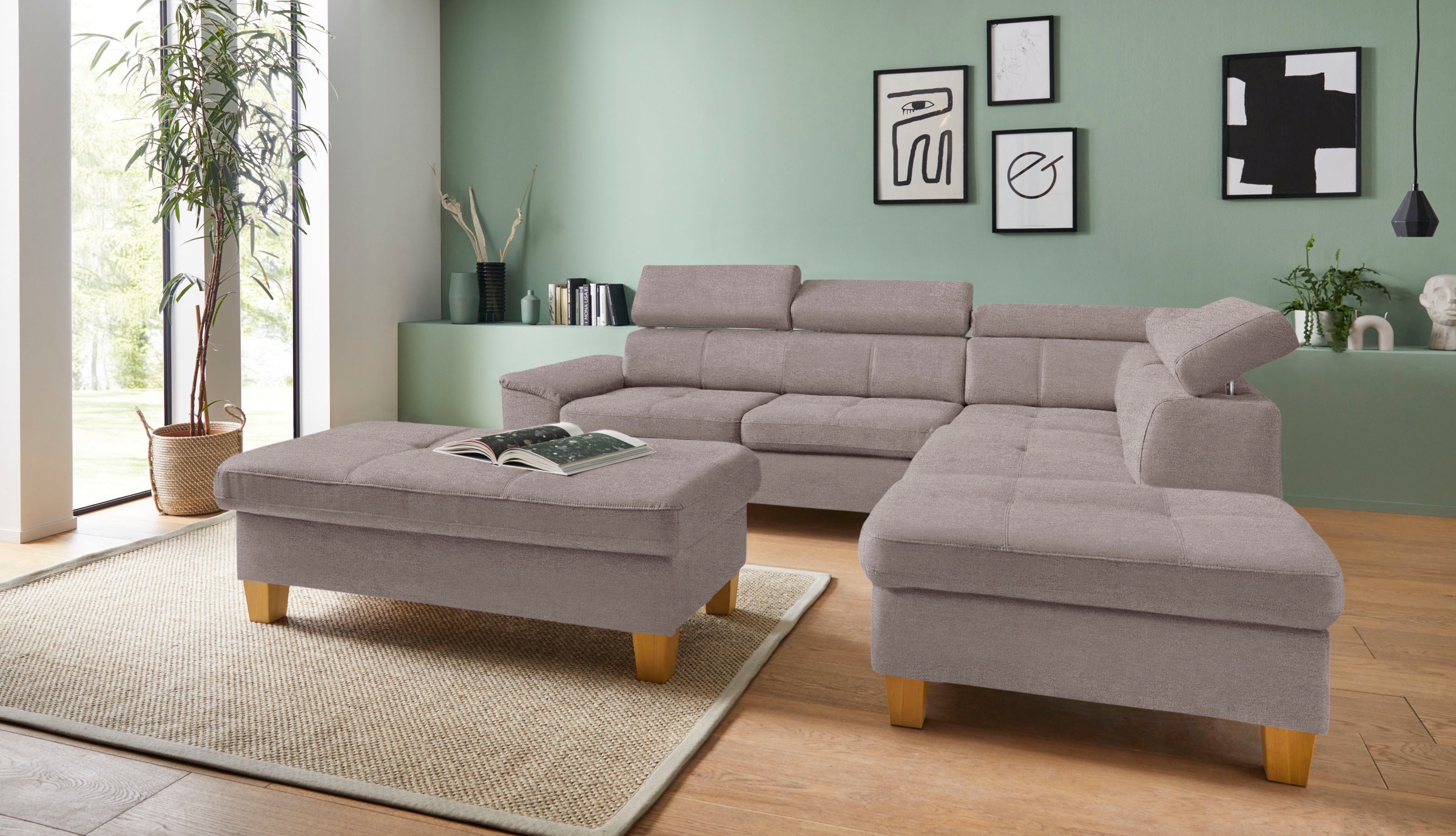 exxpo - sofa fashion Canapé d'angle »Enya, hoher Sitzkomfort, Breite 266cm, bequem, 12cm hohe Füsse, L-Form« mit Kopfteilverstellung, wahlweise Bettfunktion u. Bettkasten