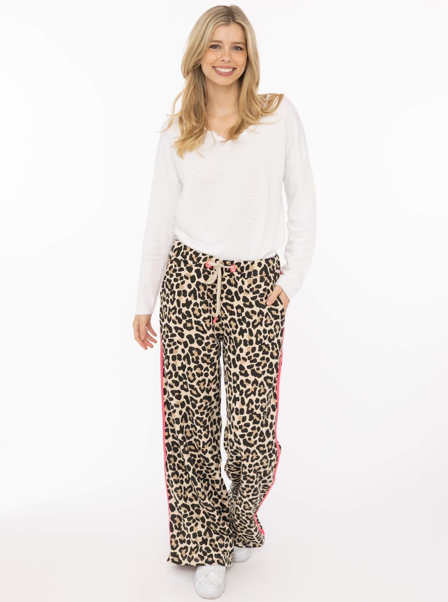 Image of Zwillingsherz Sweathose ""Leo Stripe"" Leomuster, pinker Seitenstreifen, Kordelzug, Taschen, gerades Bein