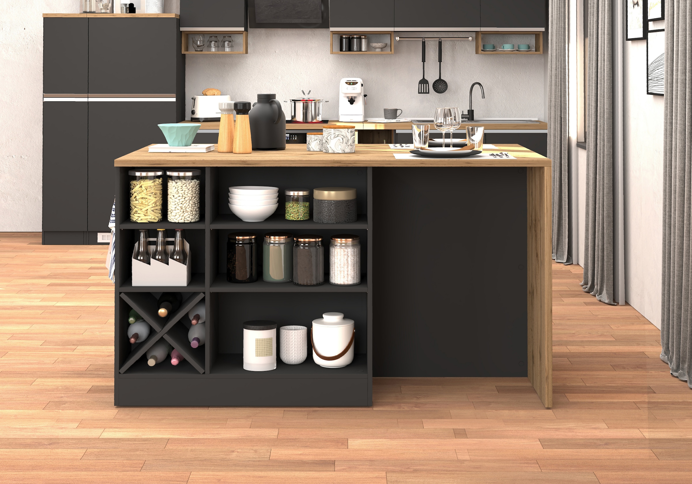 KOCHSTATION Ilot de cuisine »KS-Sole, Kochinsel, Küchenarbeitsblock, Inselküche, Arbeitsinsel« Breite 152,5 cm, mit Essplatz, Handtuchhalter, Fächer und Weinregal