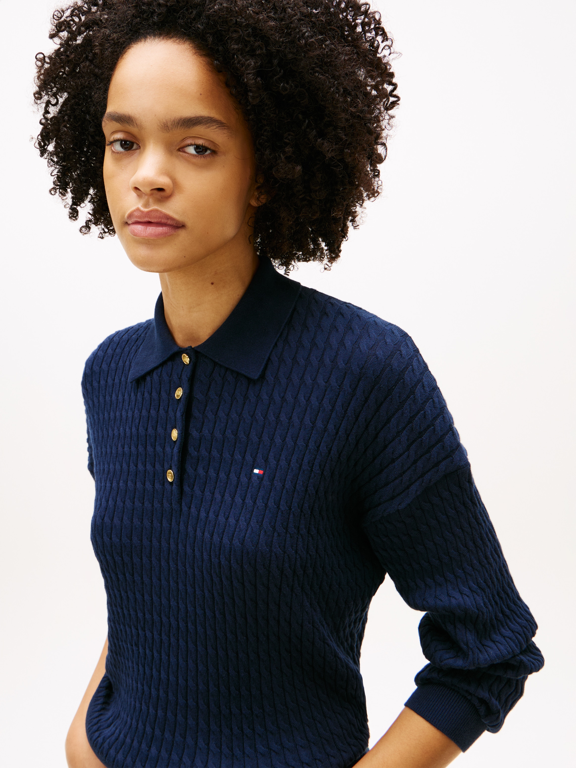 Tommy Hilfiger Pull en tricot »CO CABLE FINE GG RLXD POLO SWT« mit Zopfmuster