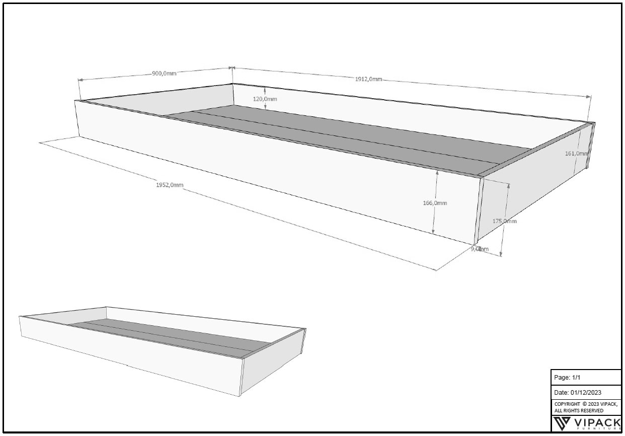 Vipack Bettschubkasten Made in Europe,  mit Rollenführung, 90x90cm, auch als Stauraum nutzbar, Eiche geölt
