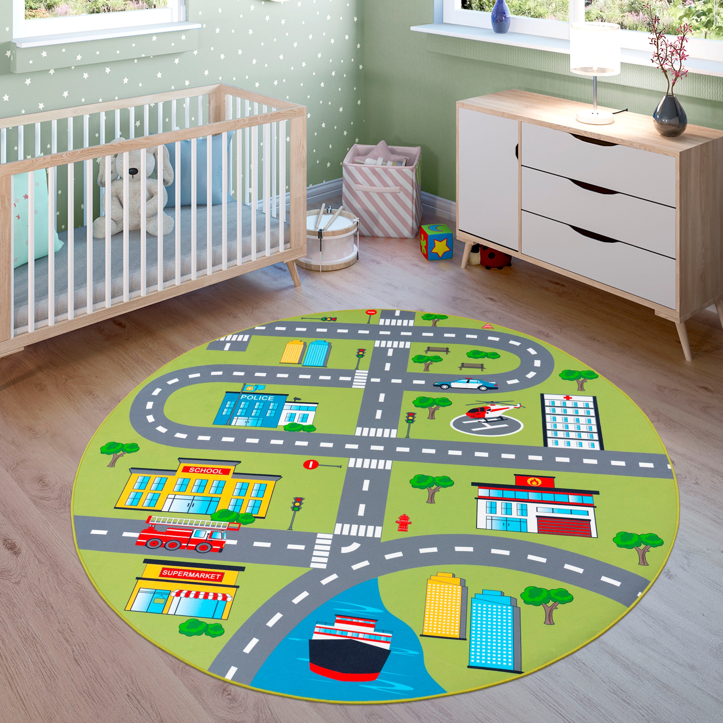 Paco Home Kinderteppich »Bino 570«, rund, 4 mm Höhe, Kurzflor, Strassen-Spiel-Teppich, Kinderzimmer
