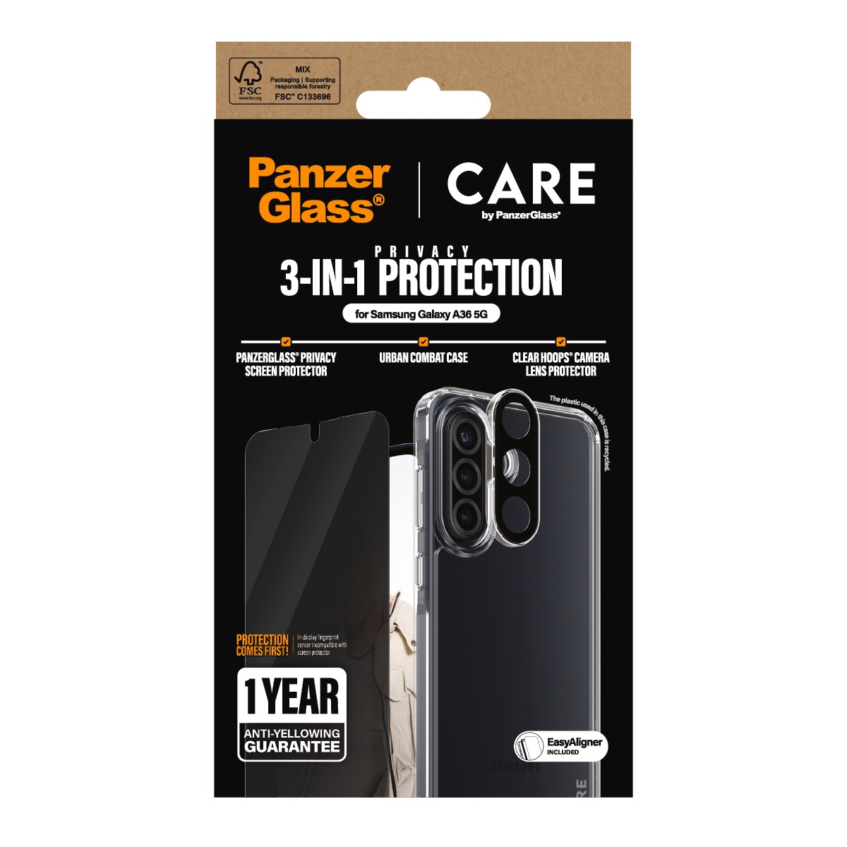 CARE by PanzerGlass Displayschutzglas »3-in-1 Protection Urban Combat Case + Screen Protection + Hoops«, für Samsung Galaxy A36, Displayschutzfolie, Schutzfolie, Bildschirmschutz, kratz- & stossfest