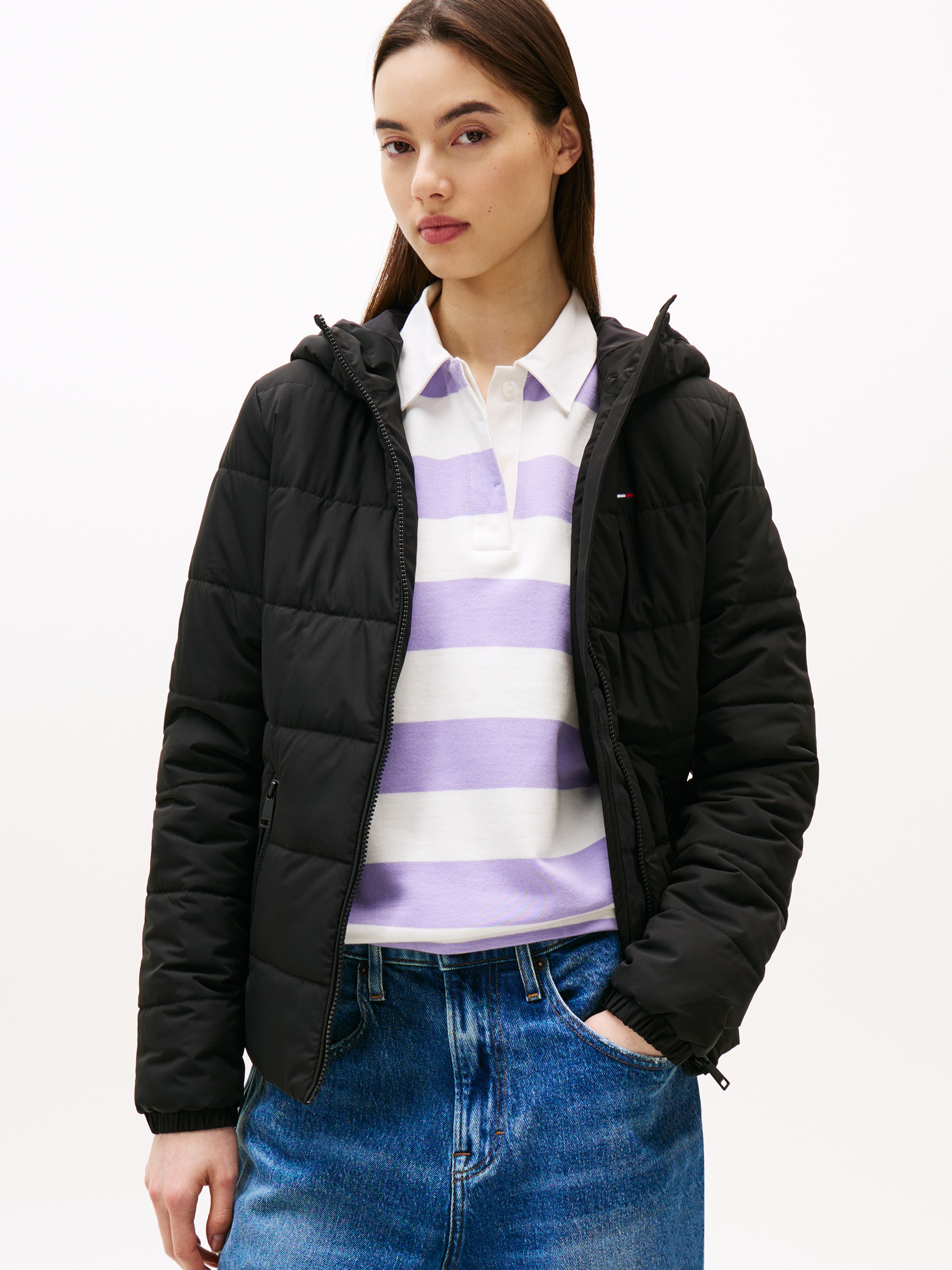 Tommy Jeans Damen Schwarz Steppjacke "Tjw Slim Lw Hooded Padded Jacket" Mit Kapuze Steppware, Slim Fit, Mit Kapuze
