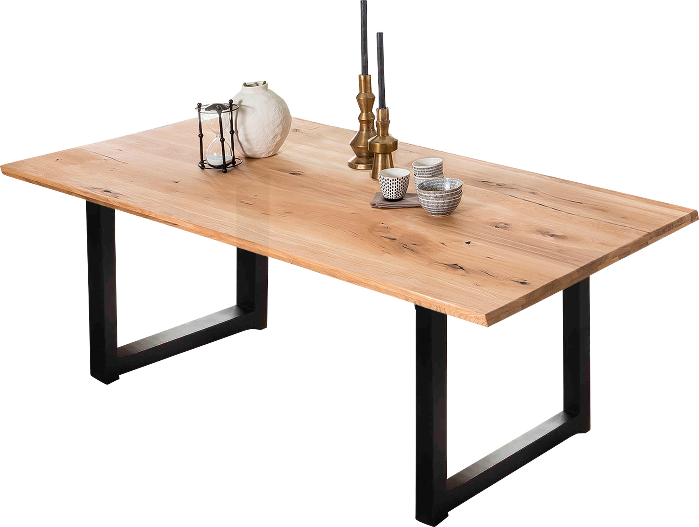 SIT Table de salle à manger »Lille Wildeiche Massivholz mit modernem Metall-Kufengestell« Chêne sauvage huilé avec lamelles continues & structure en patins