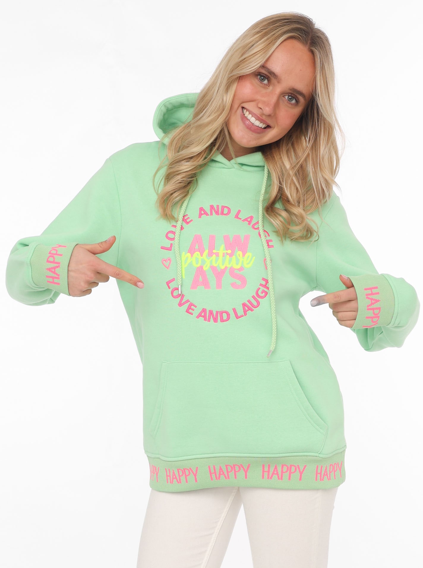 Image of Zwillingsherz Hoodie ""Always Positive"", Kapuze, Stickerei, Fronttasche, Bündchen-Schriftzug, Langarm