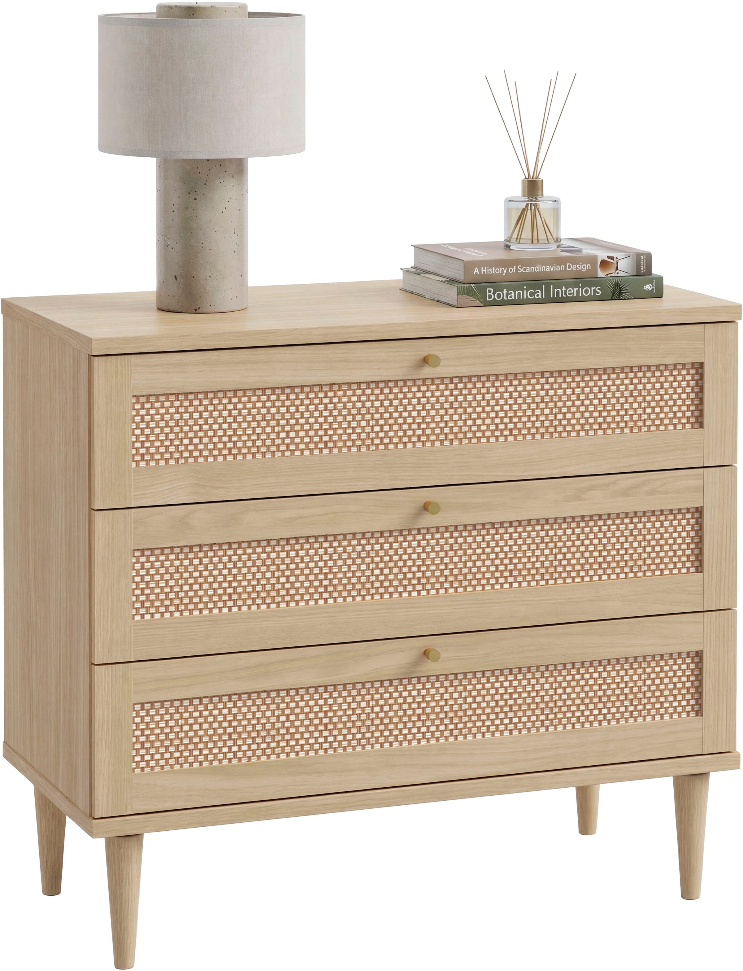 GOODproduct Kommode »ELLIAN mit Geflechtoptik warmes Holzdekor, 3 Schubkästen« Holzfüsse, Metallgriffe, Made in EU, viel Stauraum