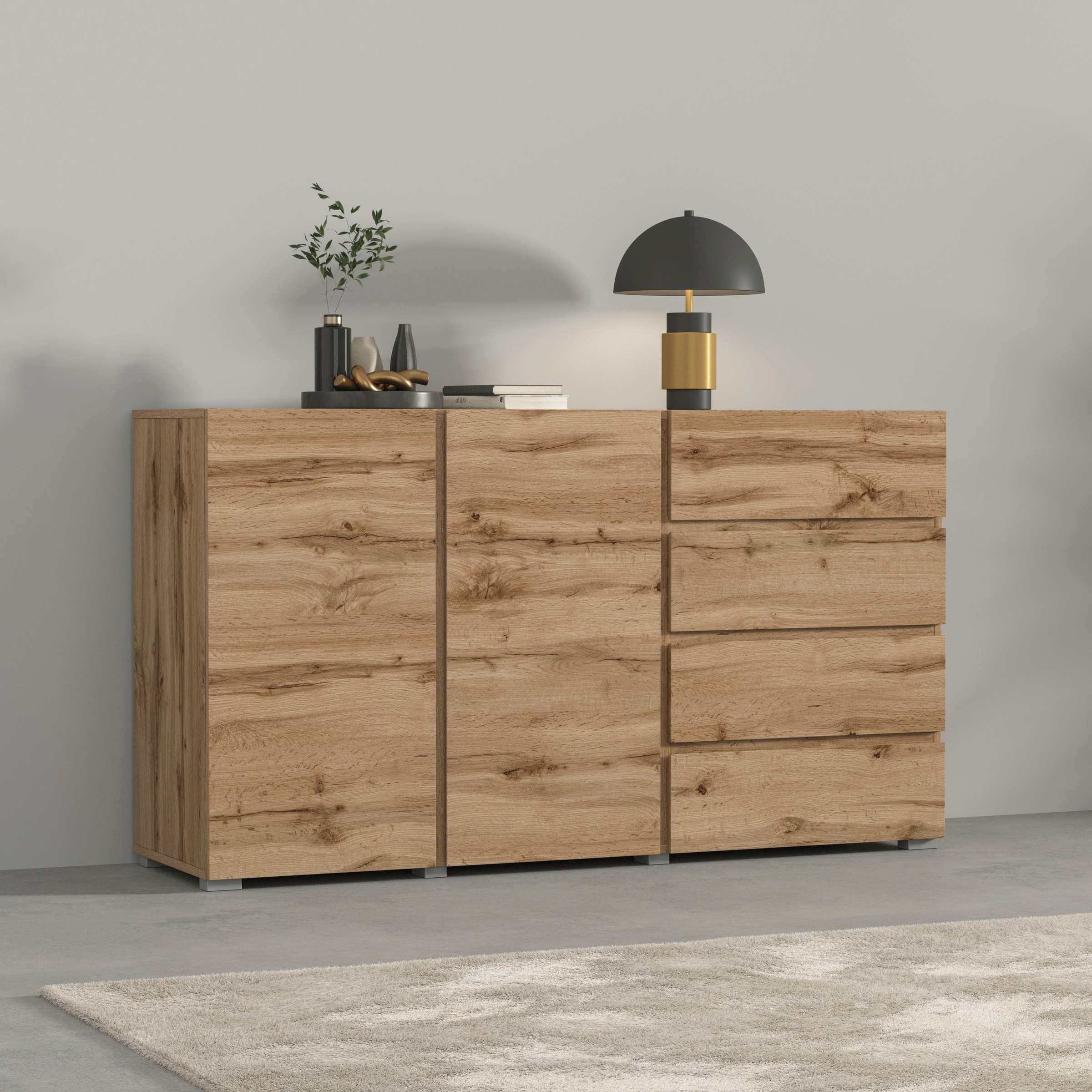 Image of GOODproduct Sideboard "Metric,Breite 138 cm, grifflose Kommode 2 Türen/4 Schubkästen" Schubladenschrank mit viel Stauraum, Einlegeböden verstellbar