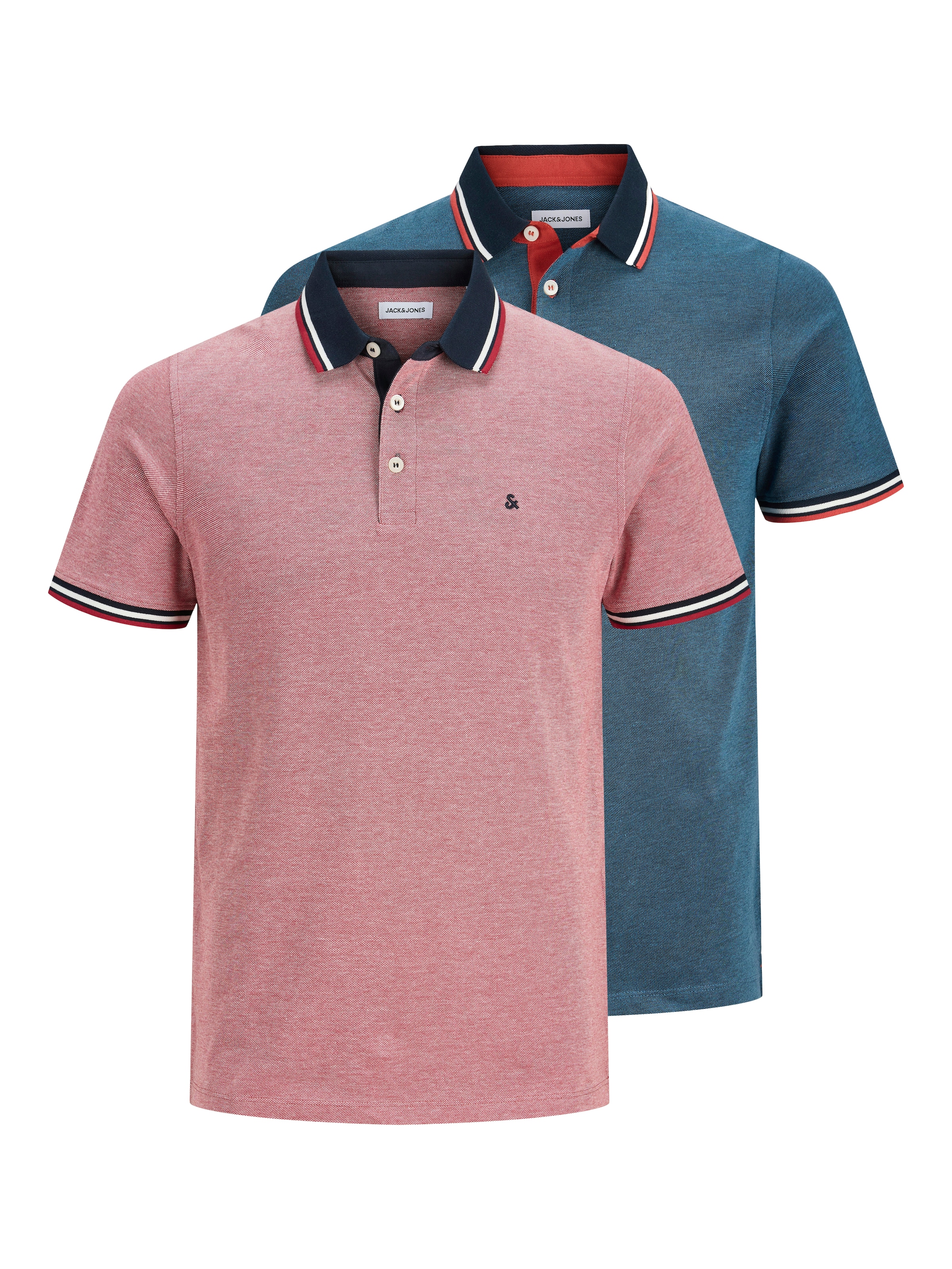 Image of Jack & Jones Poloshirt "JJEPAULOS im Doppelpack mit Logostickerei und Komfort" Packung, 2er-Pack, 2 Stk. unifarben mit Farbeinsatz, modisch, schmal, Baumwolle, Polokragen