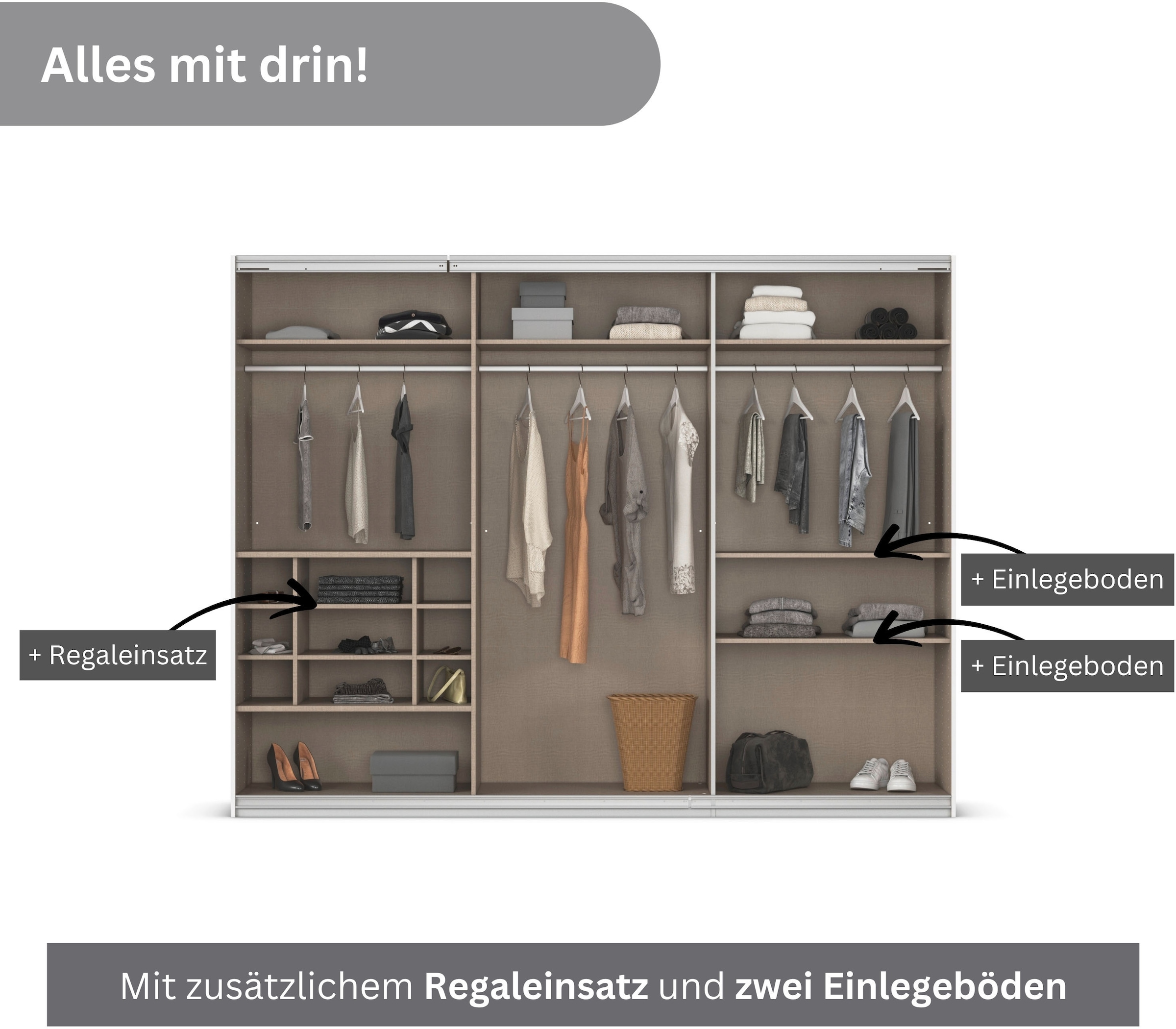 rauch Schwebetürenschrank »Kleiderschrank Schrank Garderobe Wäscheschrank TOMA«, inkl. Regaleinsatz sowie zusätzlichen Einlegeböden MADE IN GERMANY