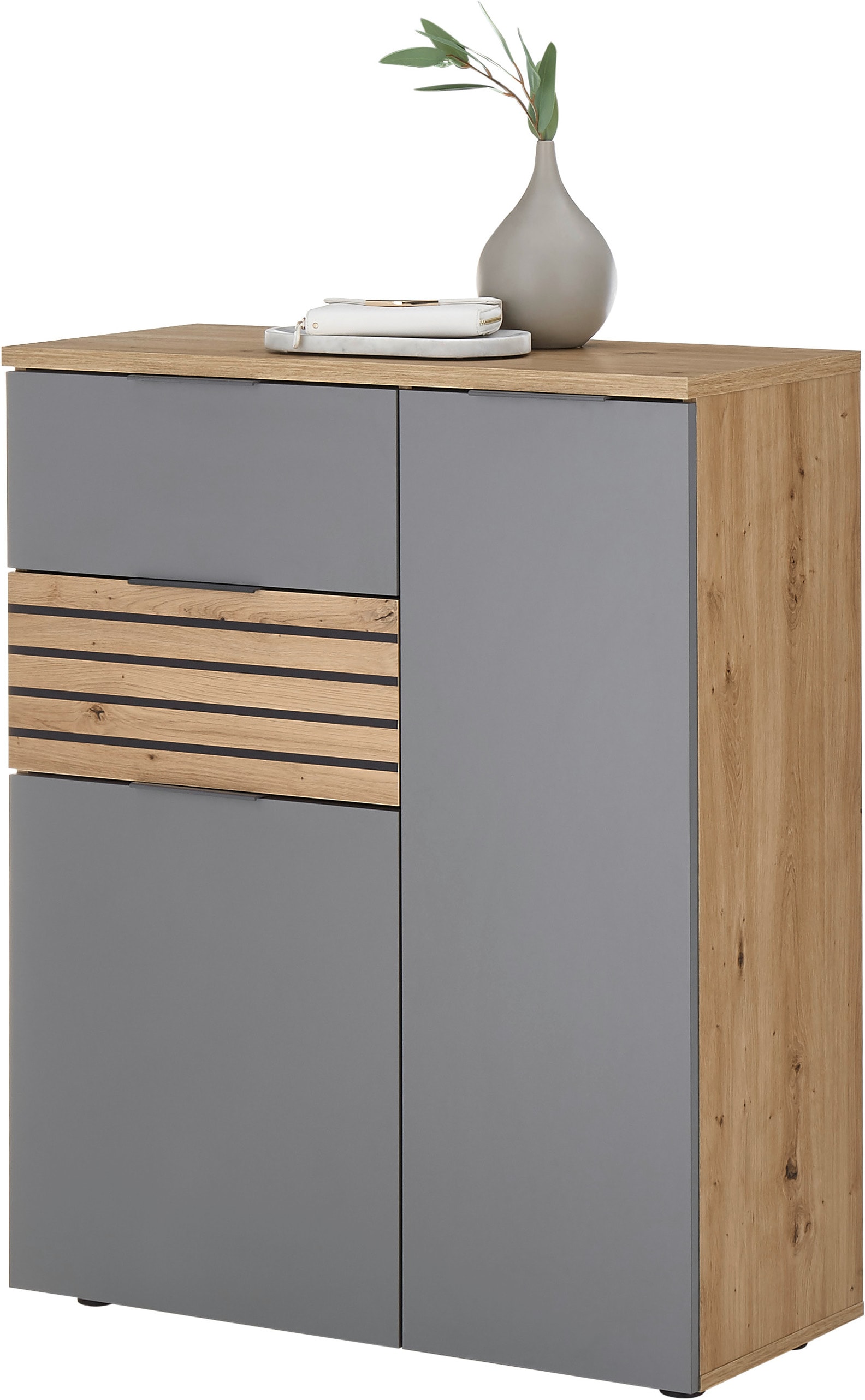 HBZ Garderoben-Set »5-tlg. Eiche Stripes Optik Flurgarderobe Stellmass BxHxT 260x197x38 cm«, (5 St.), Mit Schuhkommode, Hochschrank, Bank, Paneel, Spiegel