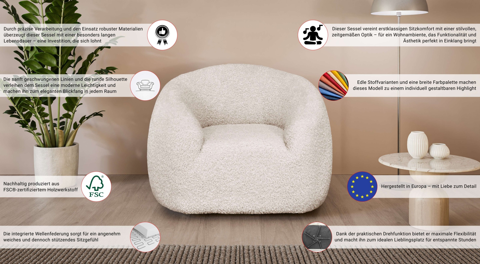 LeGer Home by Lena Gercke Drehsessel »YANI Relaxsessel, Loungesessel, Masse B/T/H: 119/98/82 cm«, organische Form, mit Wellenunterfederung, auch in Bouclé