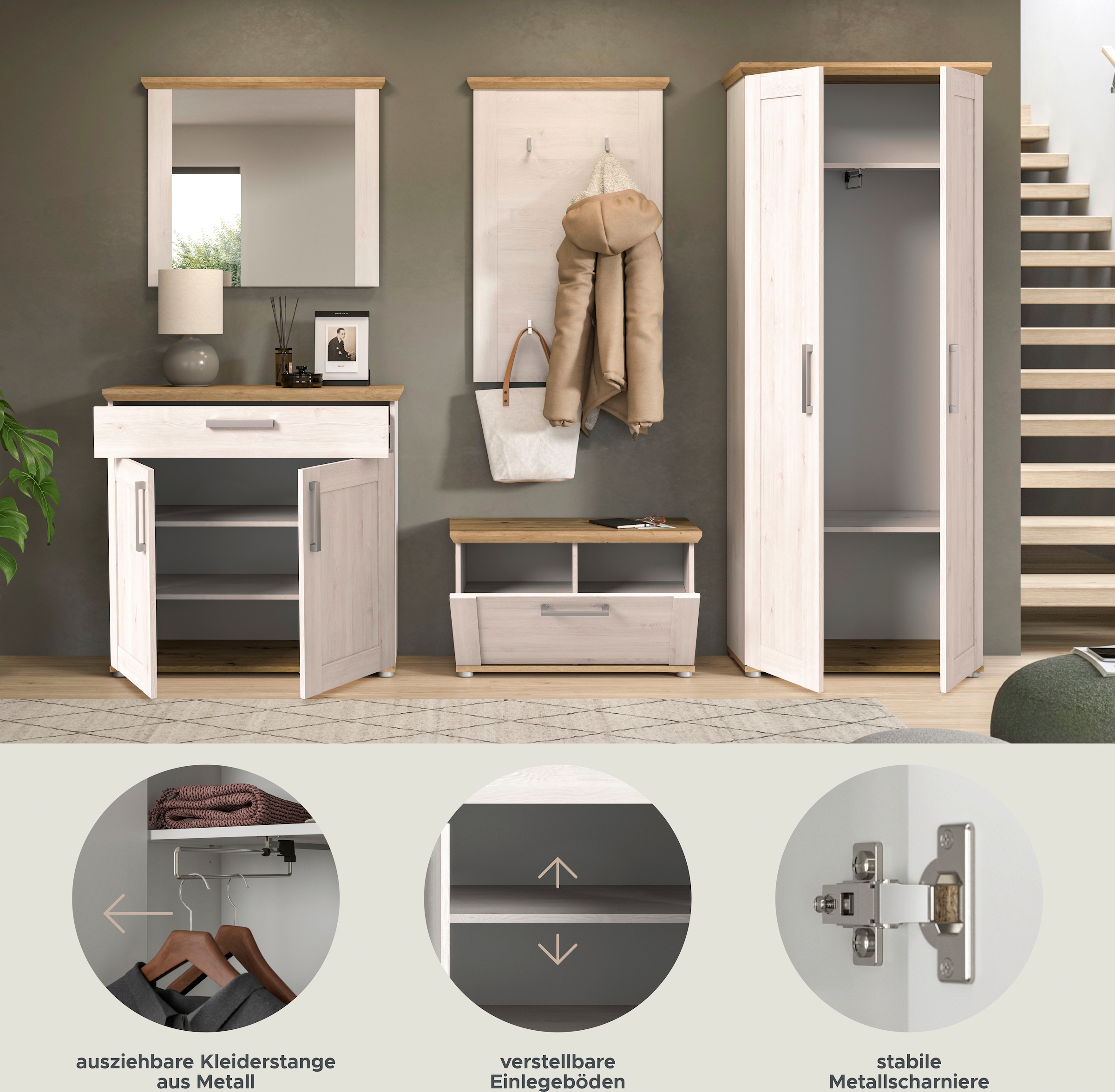 Home affaire Garderoben-Set »COSENZA, TOPSELLER!, Breite ca. 285 cm, 5-teilig, in Landhausoptik«, (5 St., Garderobenschrank, Sitzbank, Garderobenpaneel, Schuhschrank, Spiegel), Garderobenkombination, Kombination, Diele, Garderobe, Garderobenmöbel