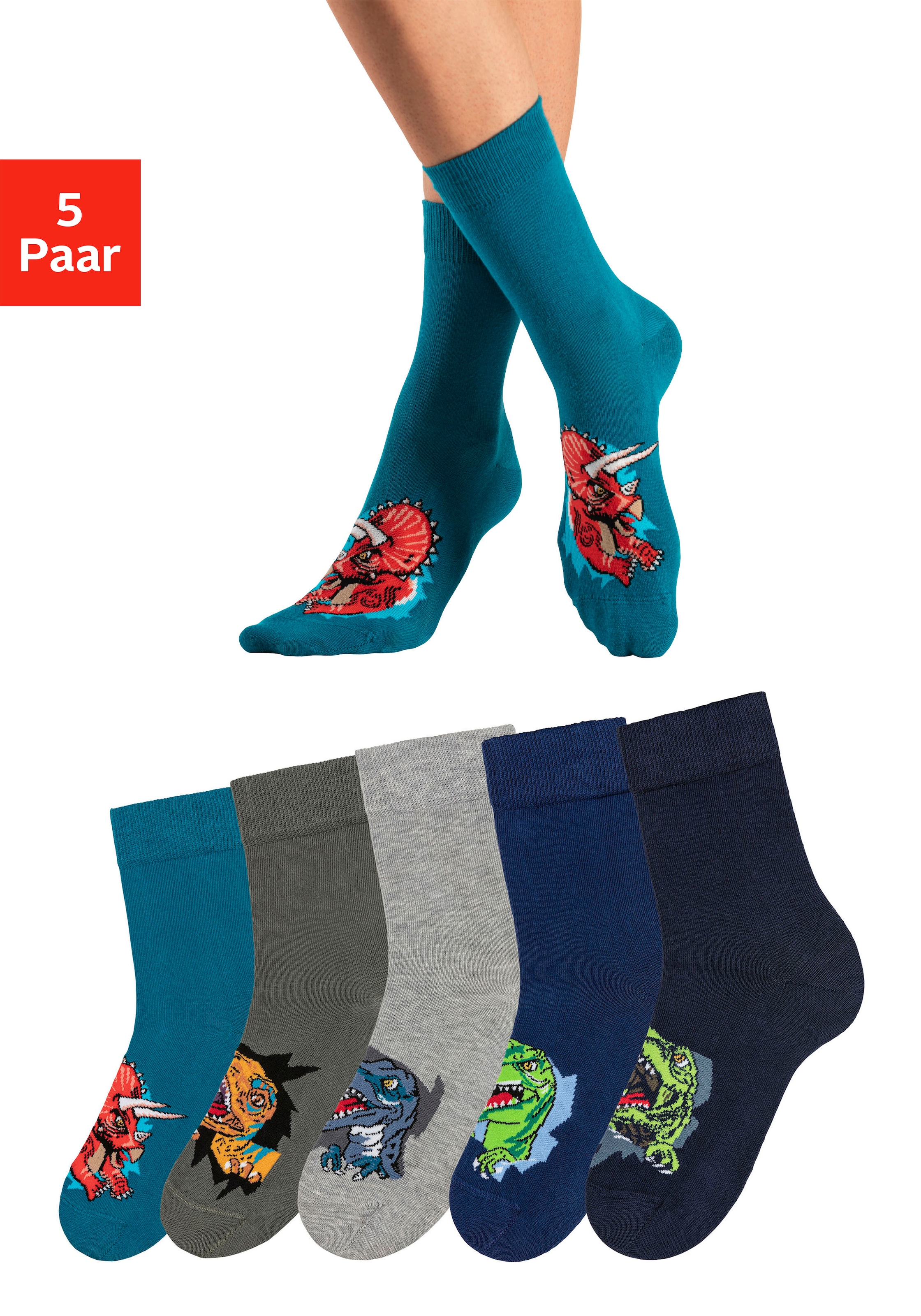 Image of H.I.S Socken "Dino Kinder und Jugendliche Motivsocken" Packung, 5 Paar tlg. mit unterschiedlichen Dinosauriermotiven