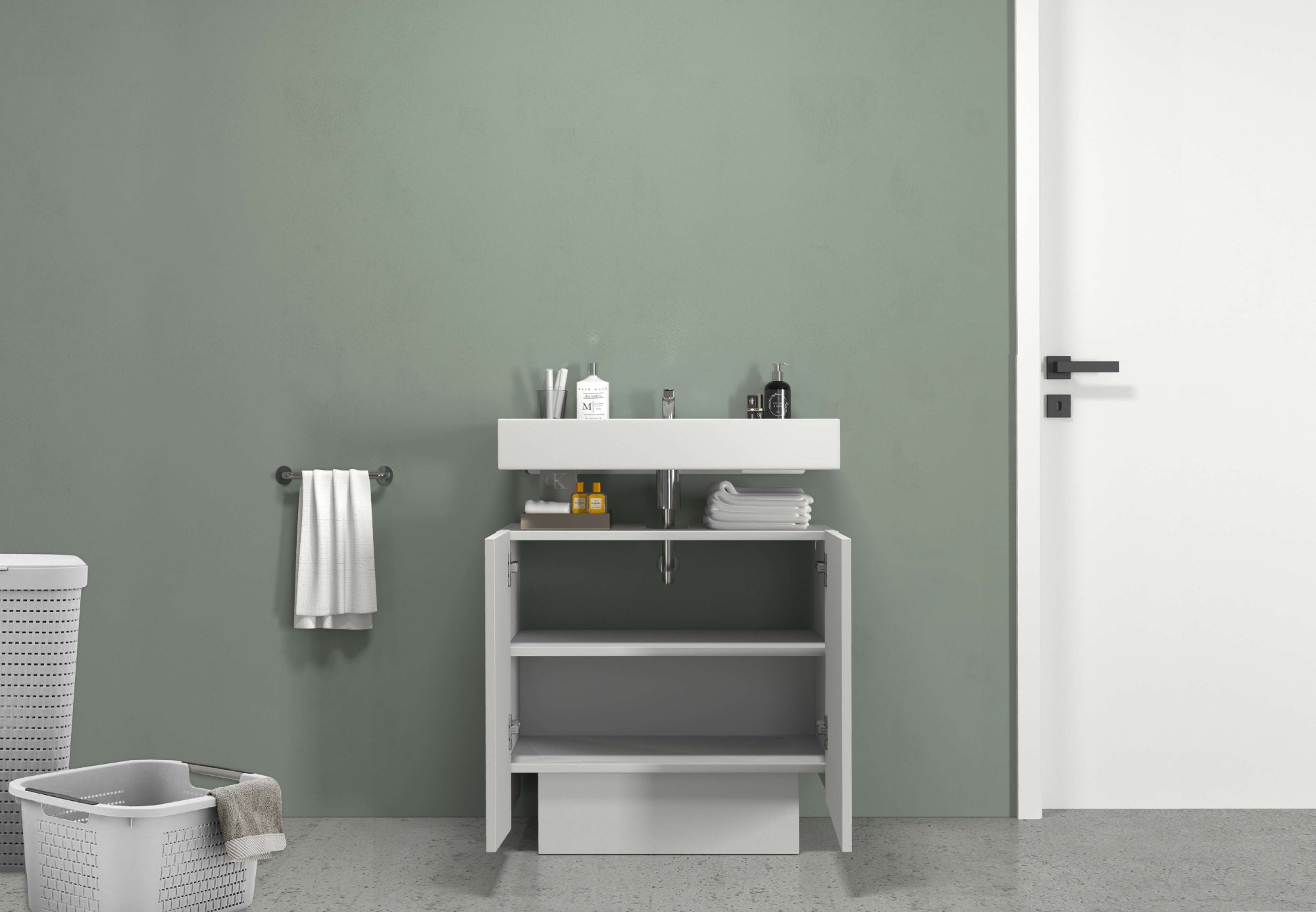 welltime Armoire sous lavabo »Vela,Breite 60cm, 2 Türen, 2 Fächer, mit Siphonausschnitt, lackiert« 1 cuis tlg. meuble sous-lavabo, plan vasque, design avec portes inclinées
