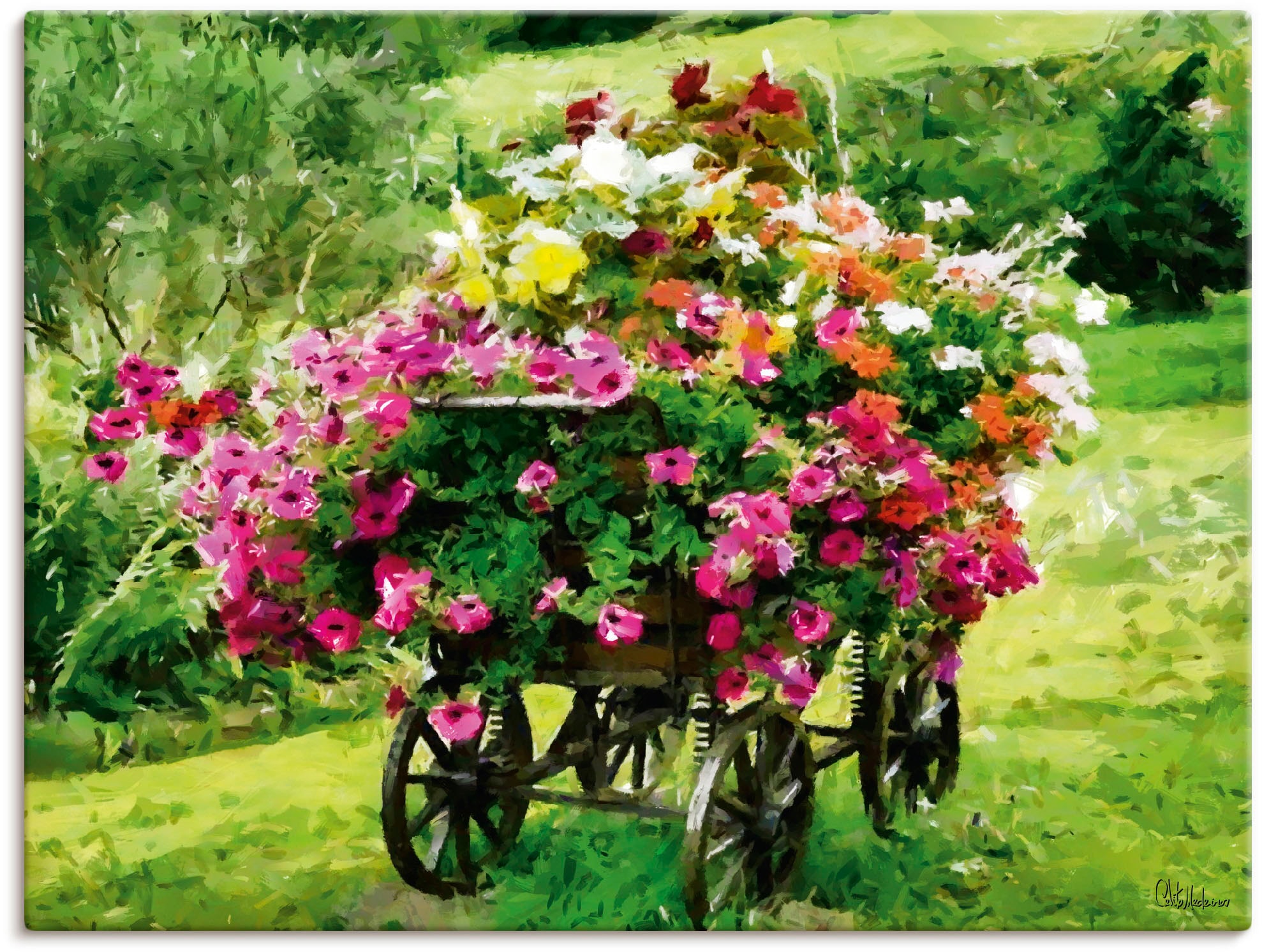 Image of Artland Leinwandbild "Kutsche mit Blumen" Blumenbilder 1 Stk. tlg. auf Holzrahmen gespannt