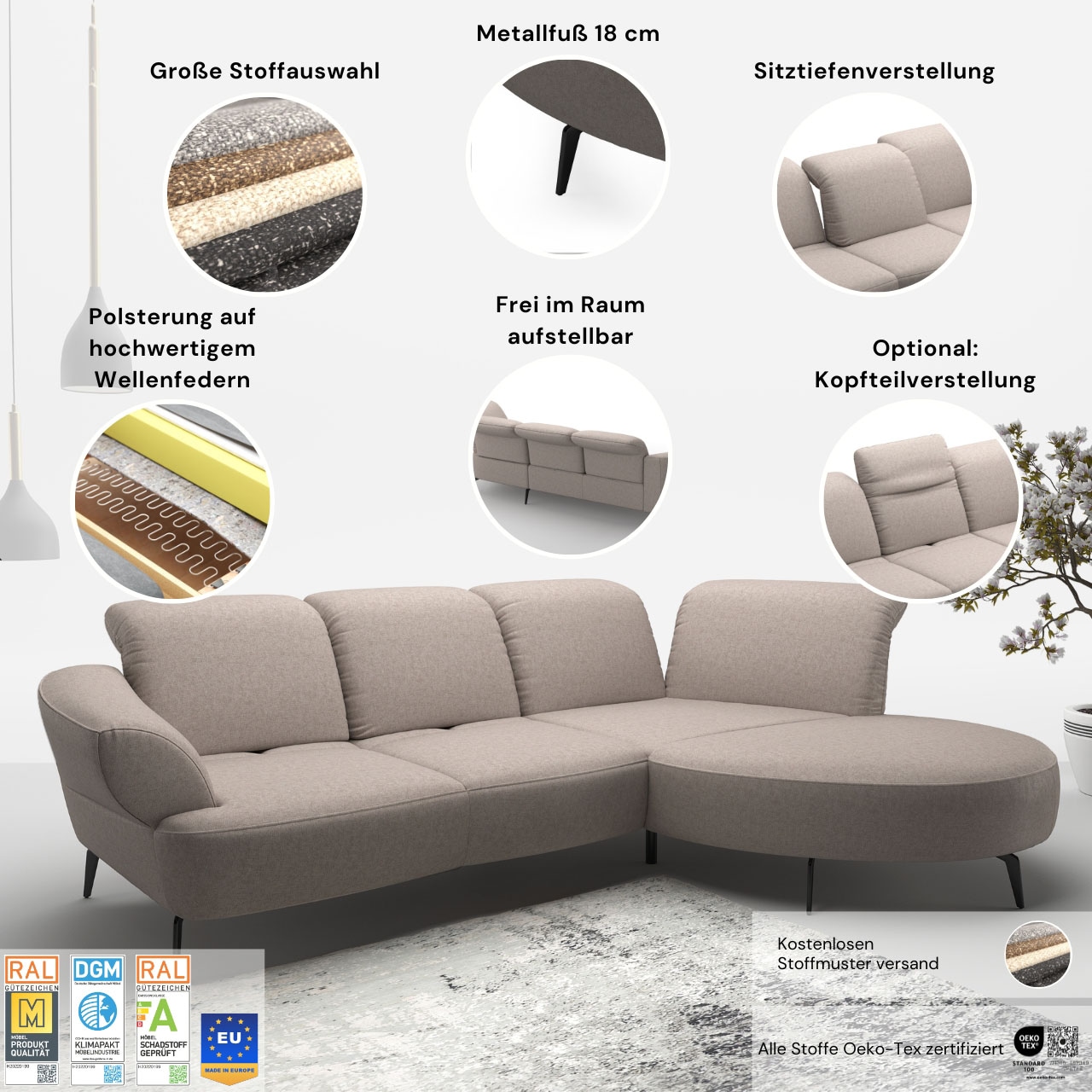 sit&more Ecksofa »Dance, L-Form, inkl. Sitztiefenverstellung«, inkl. Click&Seat, optional mit Kopfteilverstellung