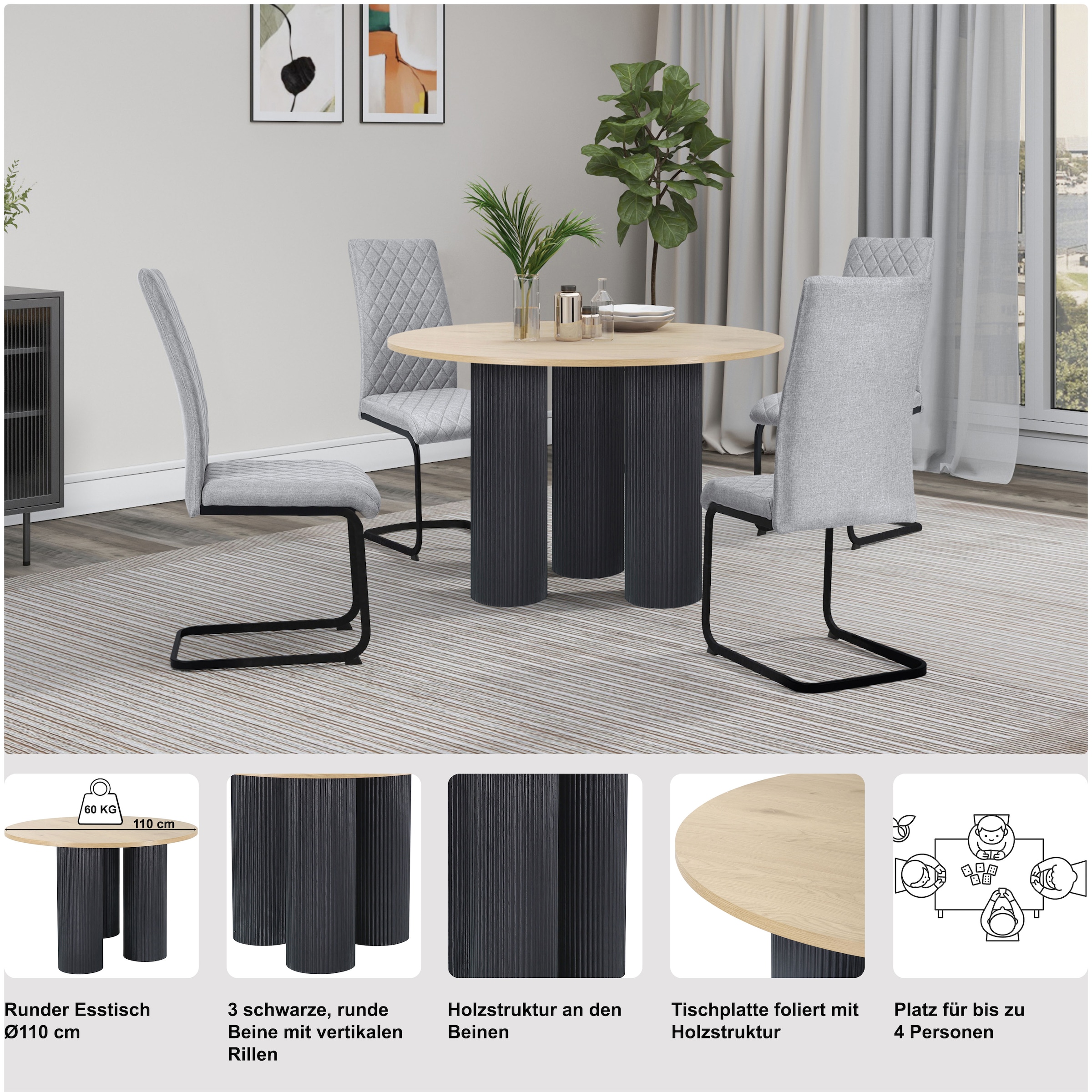 GOODproduct Esstisch »Mandan« rund, 110x110 cm, 25 cm runde Beine mit Rillenstruktur, Höhe 76 cm