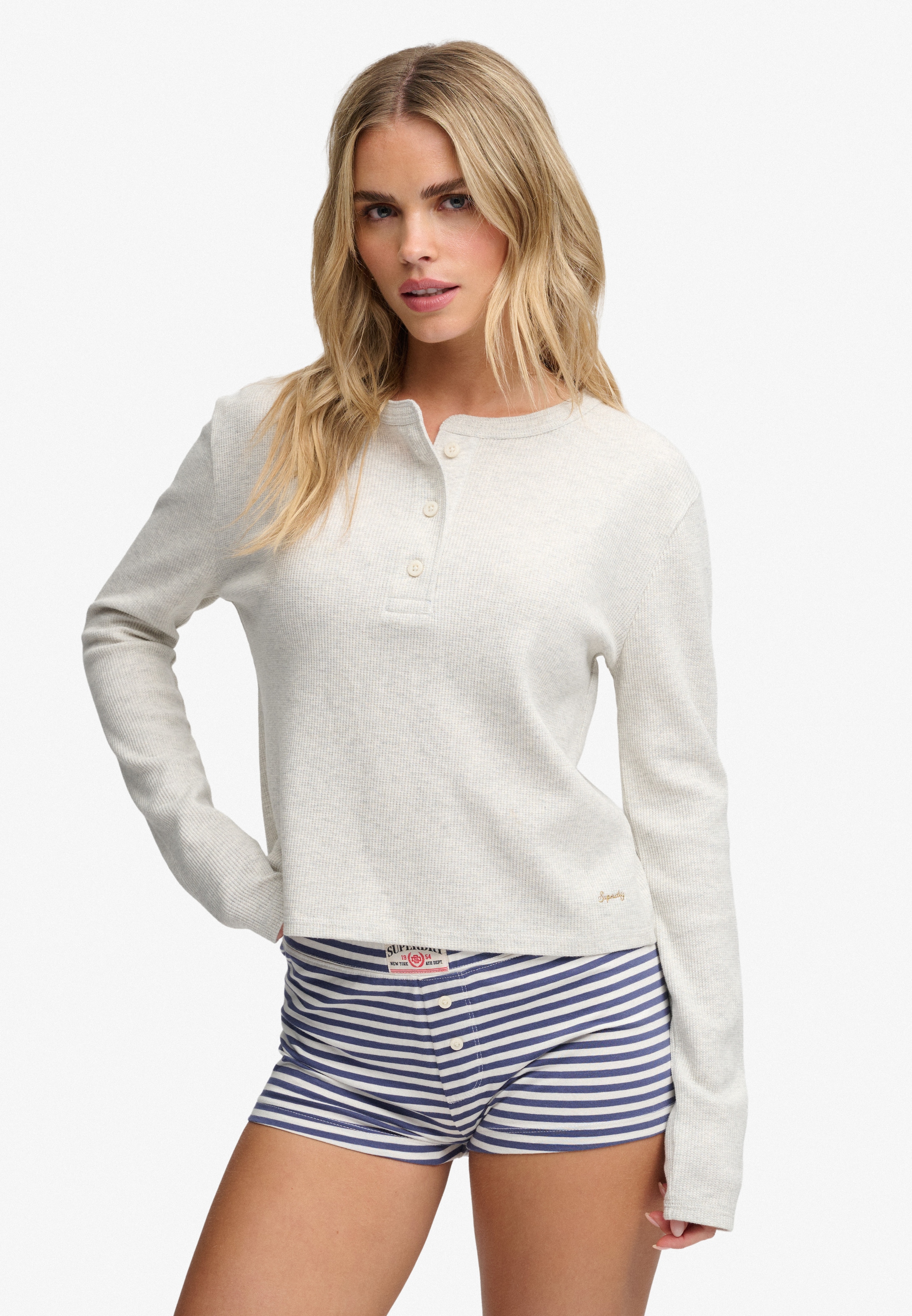 Image of Superdry Langarmshirt "ATH ESS WAFFLE BUTTON LS TOP" Baumwollmischung, skinny fit
