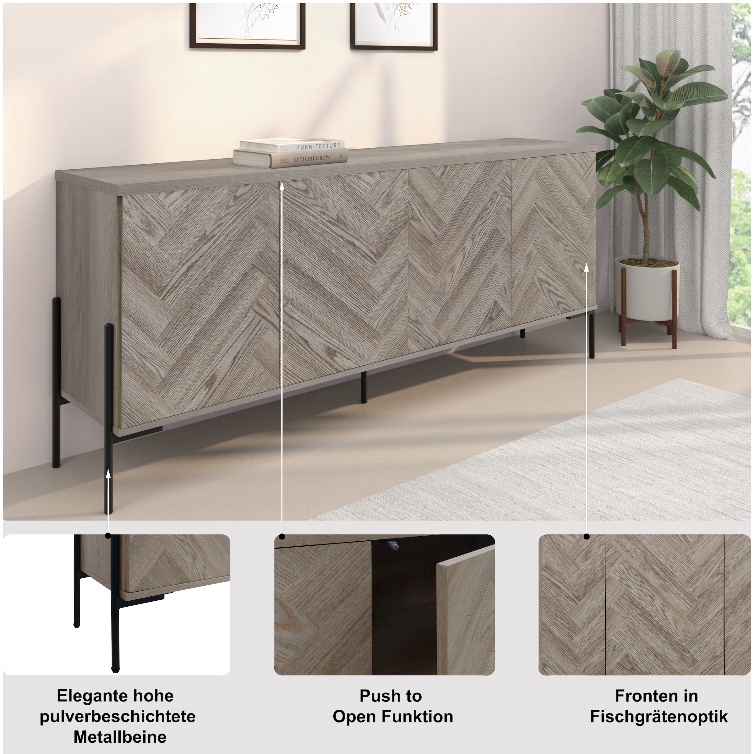 Leonique Sideboard »Eadwine« Kommode, Push-to-open, Türen mit Fischgräten Muster, Breite 175 cm