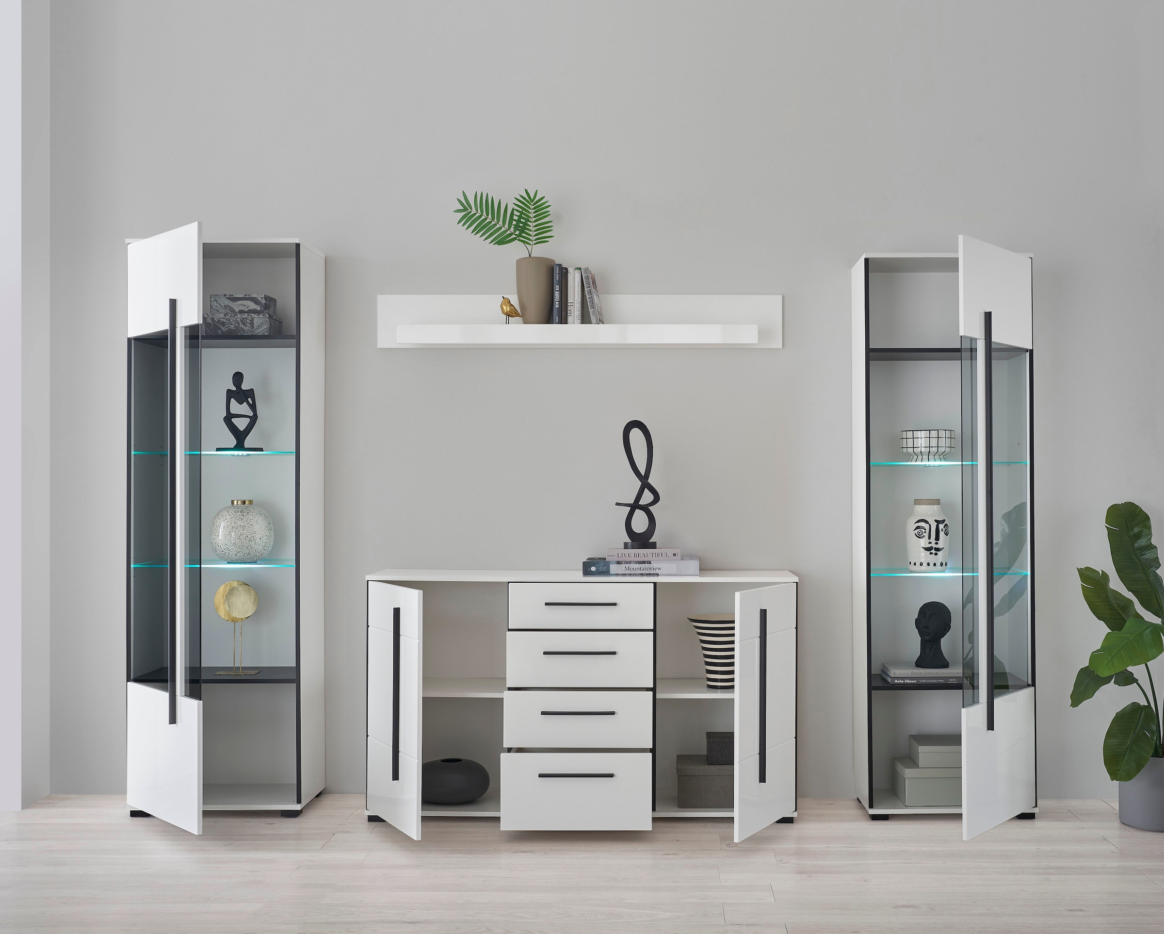 INOSIGN Wohnwand »Cantara, moderne Anbauwand, Wohnzimmer-Set, in Eiche Evoke oder Weiss«, (Set), enthält zwei Vitrinen, ein Sideboard und ein Wandboard