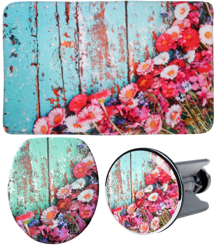 Image of Sanilo Badaccessoire-Set "Spring" bestehend aus WC-Sitz, Badteppich und Waschbeckenstöpsel