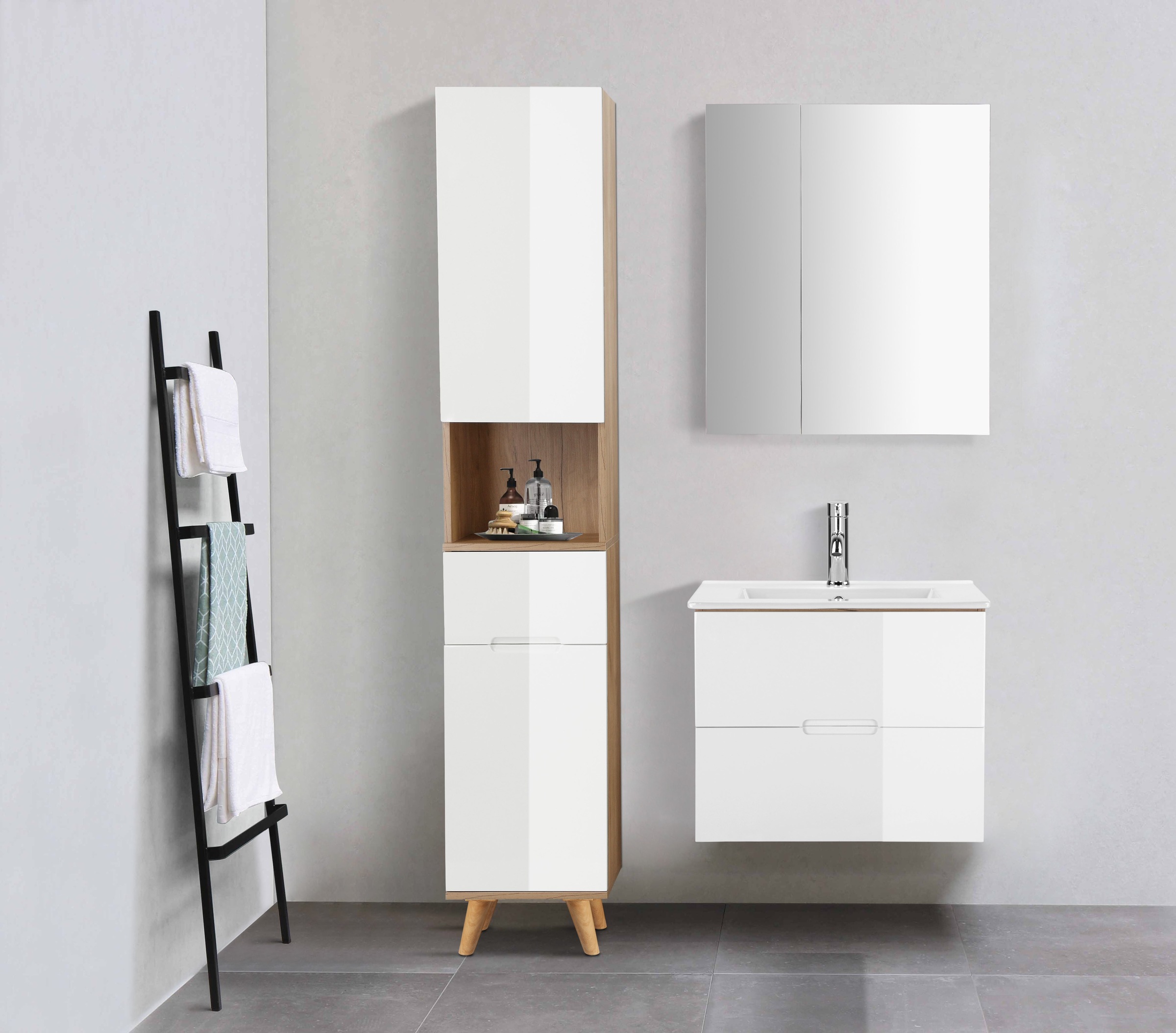 welltime Waschtisch "Lund Badmöbel Schrank Unterschrank mit Becken" Set, Waschplatz mit 2 Auszügen und Waschbecken Breite 60cm