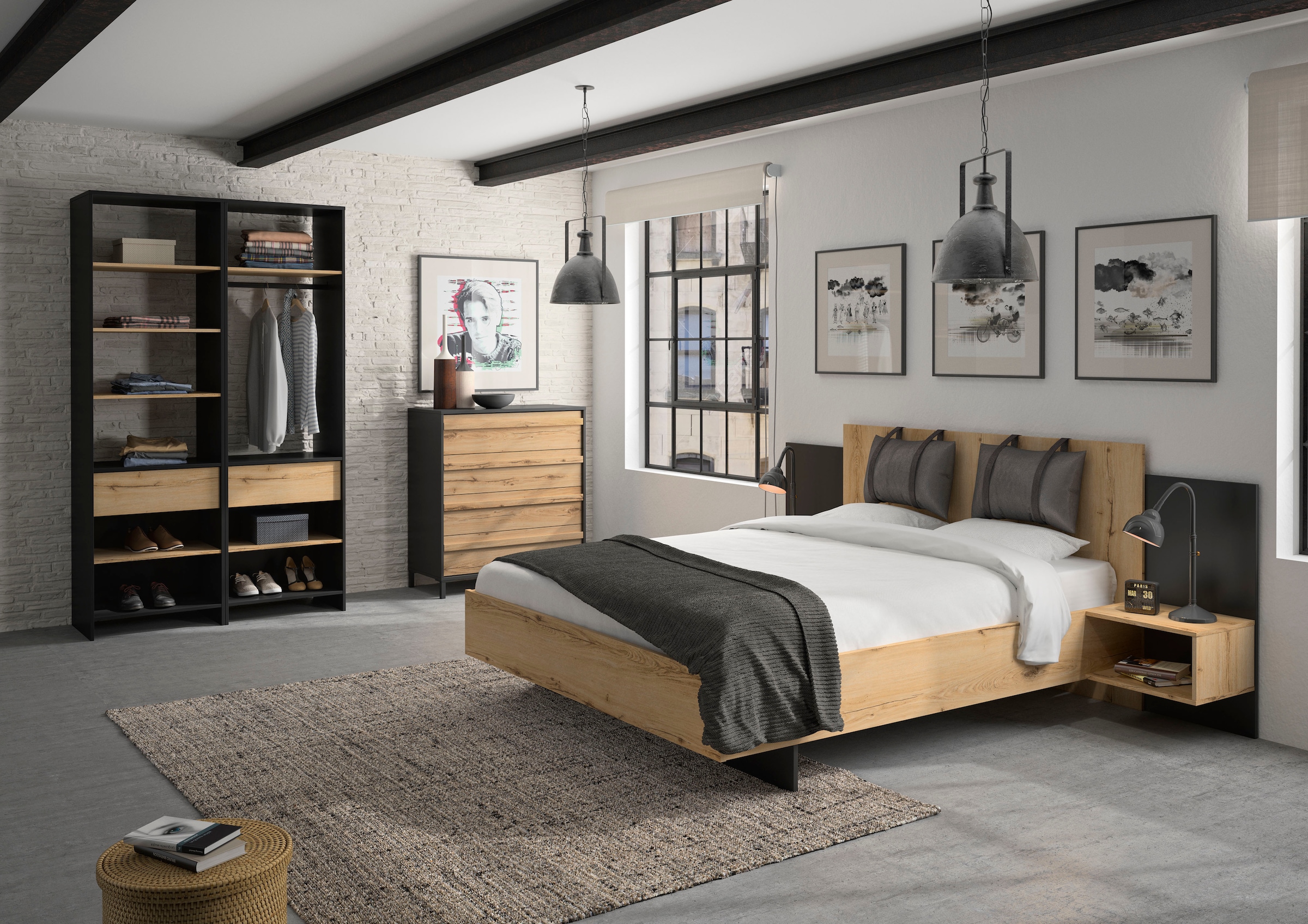 Gami Schlafzimmer-Set »Mimizan«, (6 tlg., Bett, 2 Kissen und inkl. 2x Nachttische, 1x Kleiderschrank, 1x Kommode)