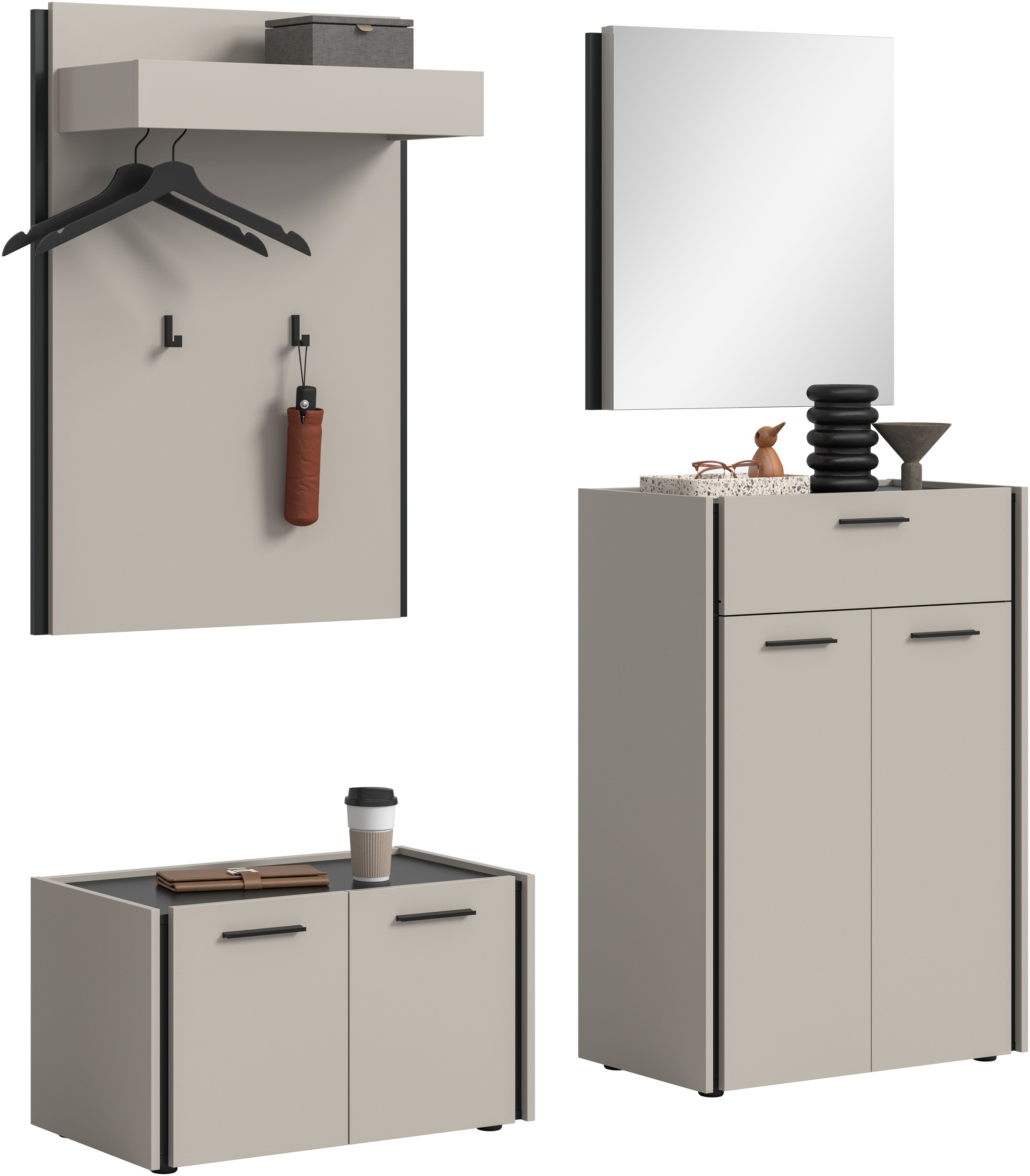 Image of Home affaire Garderoben-Set "RAK, 4-teilige Garderoben-Kombination, Breite ca. 165 cm" Sitzbank, Garderobenpaneel, Schuhkommode, Spiegel, 4 Stk. tlg.