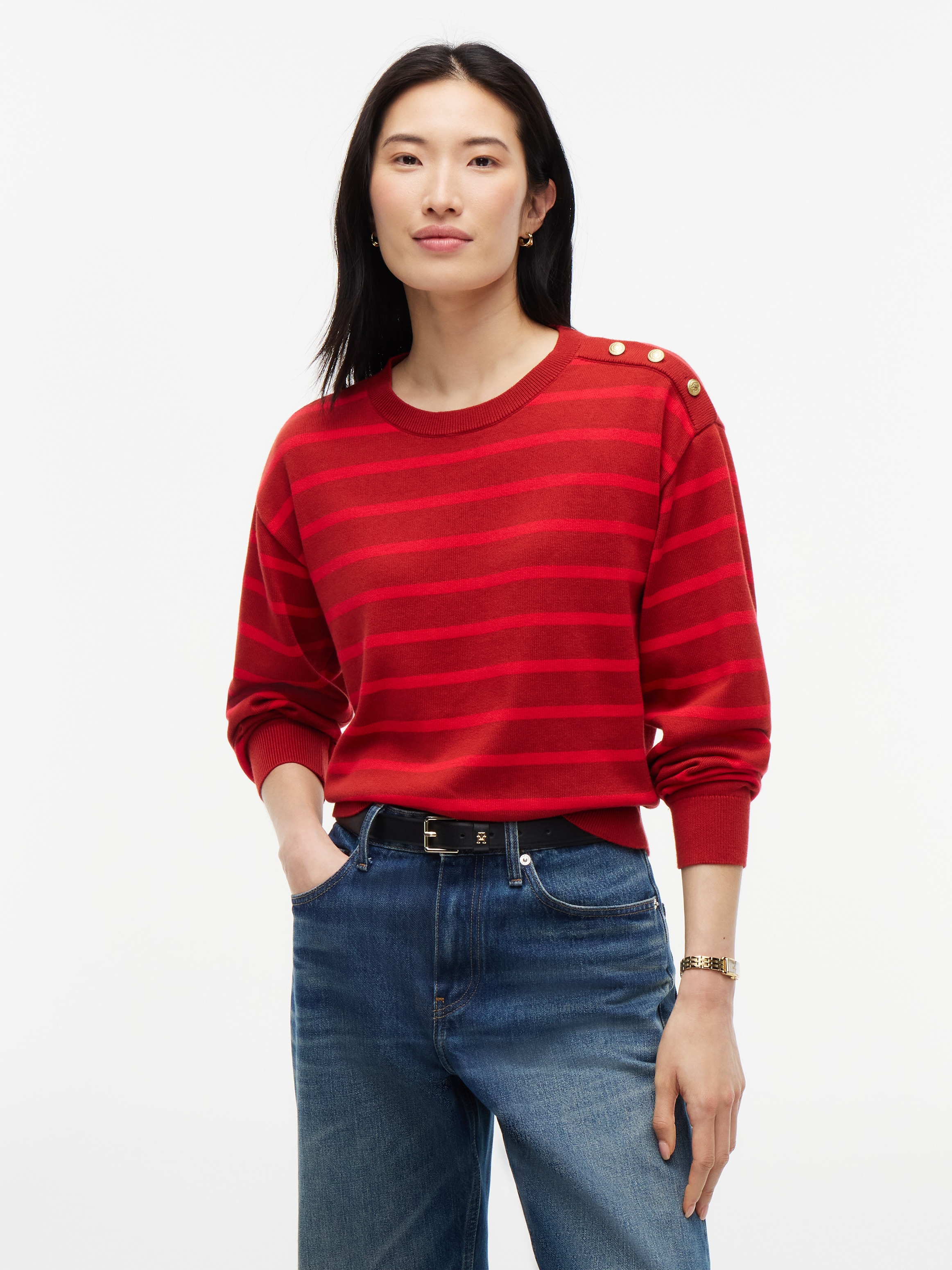 Image of Tommy Hilfiger Strickpullover "STRIPED SCRIPT LOGO SWEATER LS" Baumwolle, goldfarbene Zierknöpfe